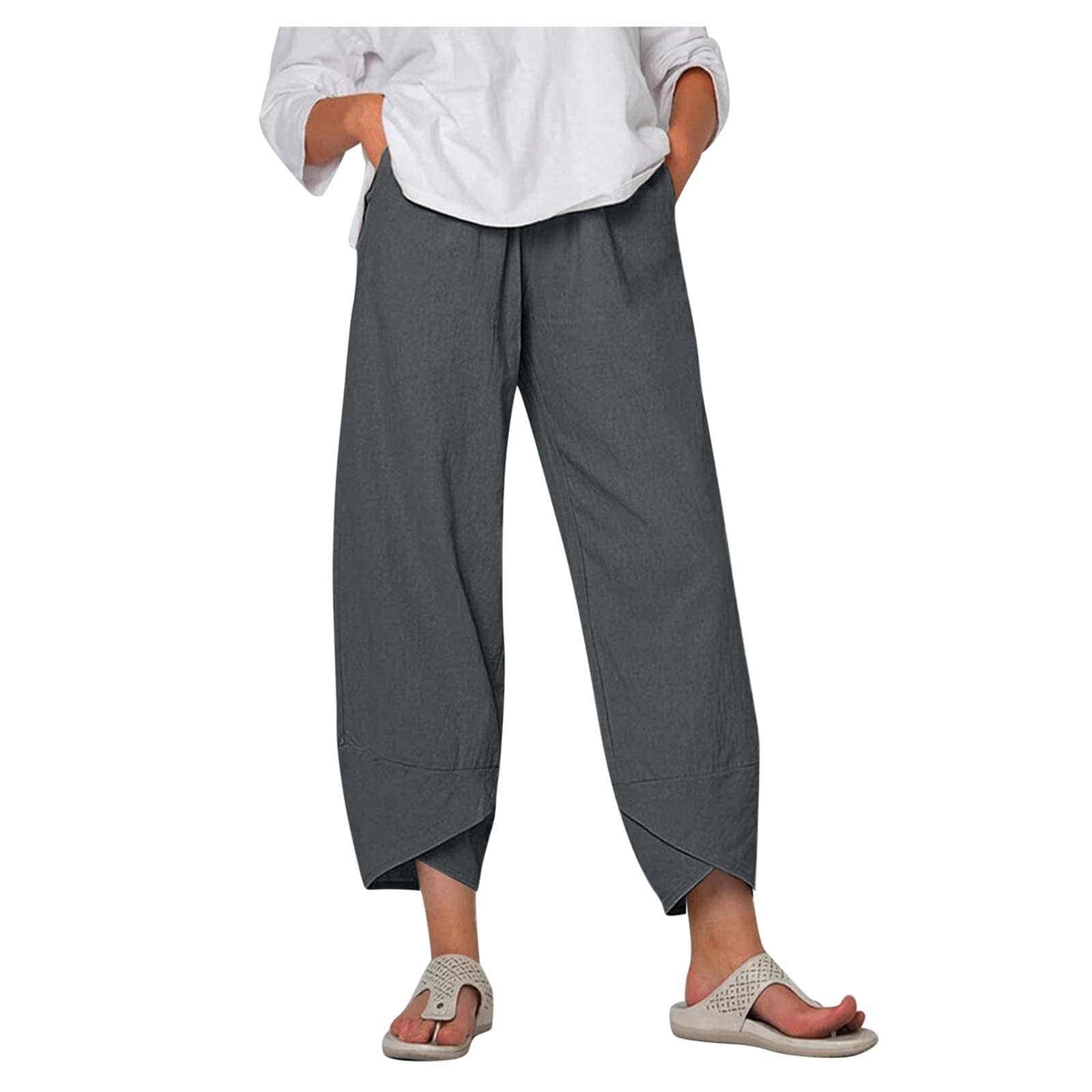 QANSI Womens Linen Pants Summer Casual Capri Pants with Pockets Palazzo Cropped Comfy Baggy Trousers High Waisted