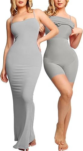 Popilush Shapewear Dress Womens Summer Long Dresses Built-in Bra Slip Bodycon Maxi Dress with Adjustable Straps - Grey - Medium