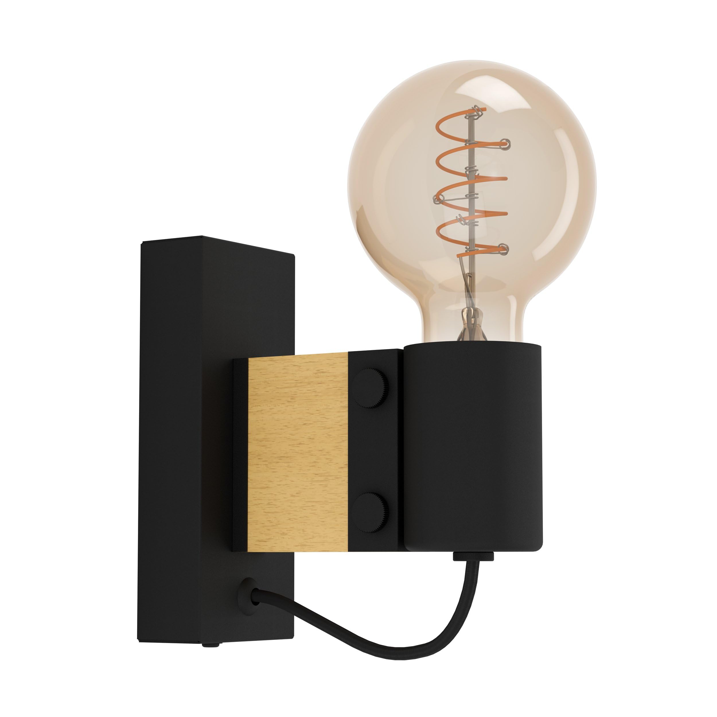 EGLO Wandlampe Bailrigg, rechteckige Wandleuchte für innen, FSC100HB, Flurlampe aus Holz in Natur und Metall in Schwarz, Lampe Wand mit E27 Fassung