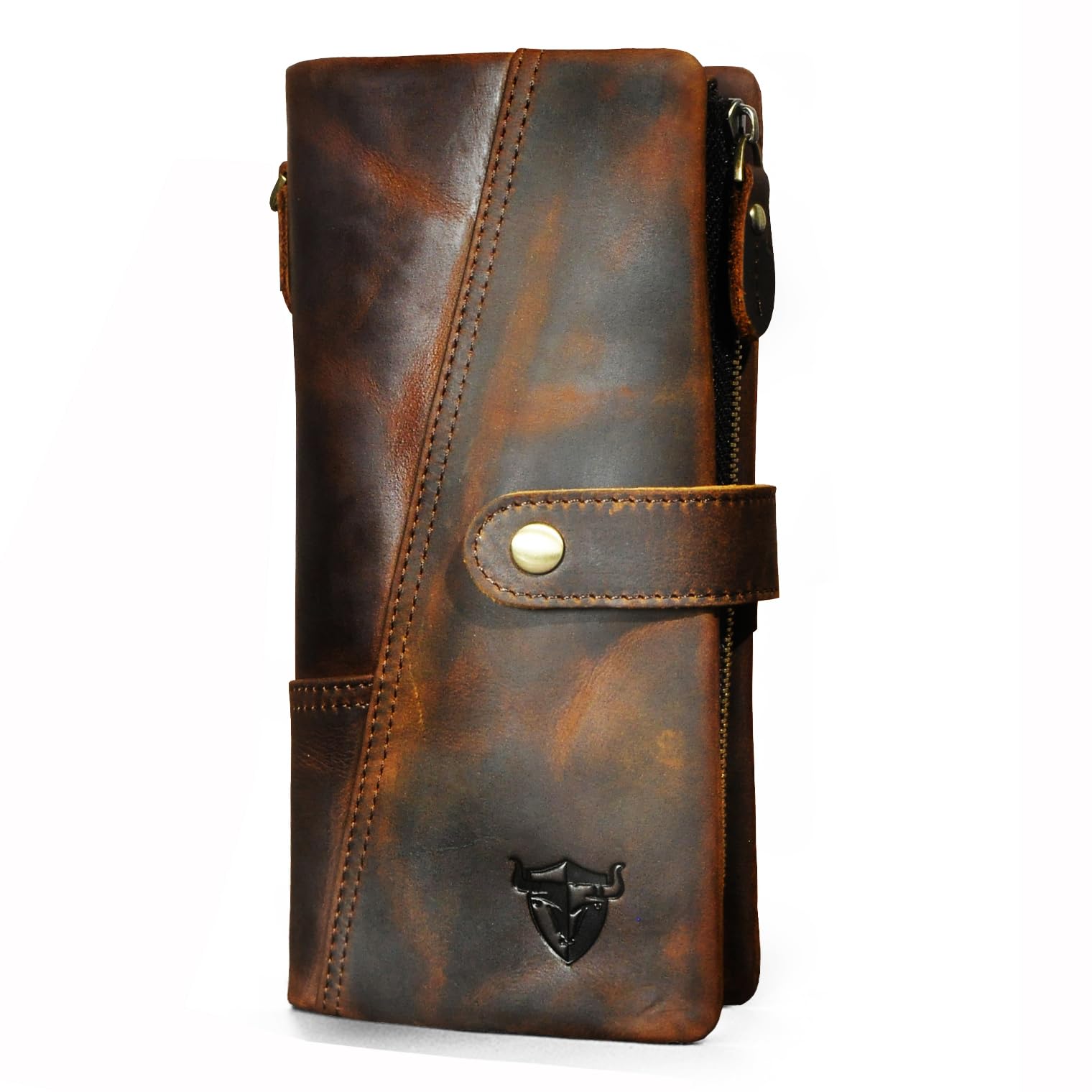 Handadsume Echtleder Crazy Horse Leder Reisen Geschenk Münztasche Kartenetui Lang Organizer Brieftasche Kette RFID Geldbörse mit Snap für Männer männlich 1803 (1803 Braun2)