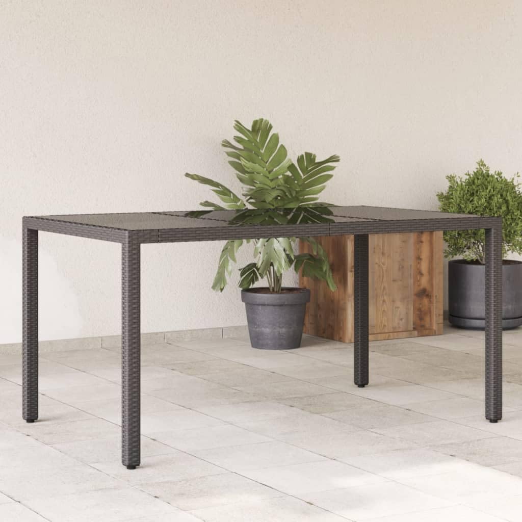Stół ogrodowy ze szklanym blatem, czarny, 150 x 90 x 75 cm, polirattan, stal malowana proszkowo, stół tarasowy, do ogrodu, na balkon, werandę, do jedzenia i pikniku