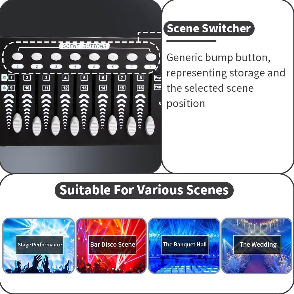 DMX-512 Controller Console, 192 Canali, DJ Luce Controller Console 240 Scene per Mini DMX Controller DMX, Luce Luce per Festa DJ Disco Moving Head Lampada Operatore Attrezzatura (Nero)