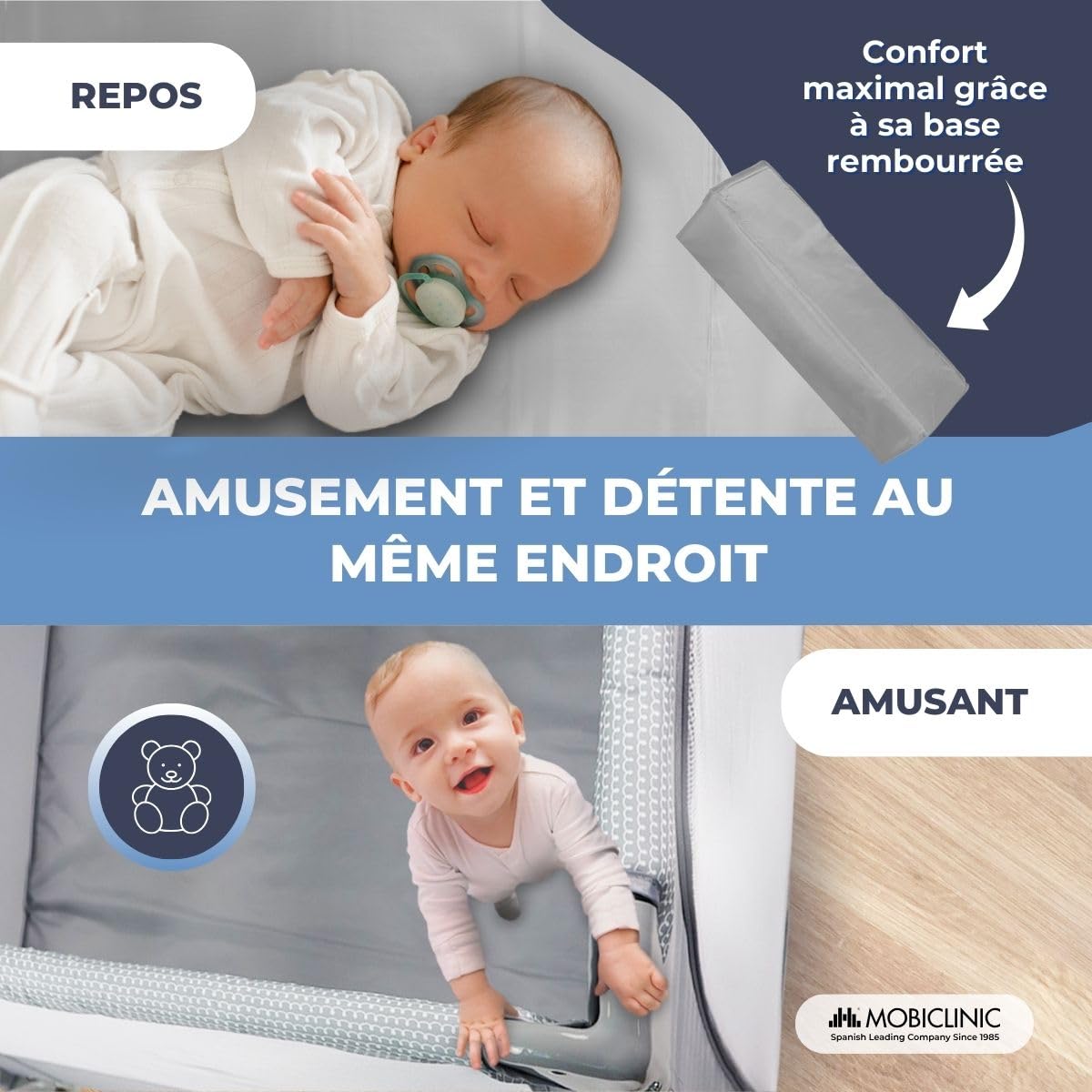 Mobiclinic®, Parc pour Bébé, 2 en 1, Lit de Voyage, Sac de Voyage, Pliable, Entrée Latérale, Parc pour Bébé, 0-3 ans, Sleepland, Filet respirant, 2 Roues avec Frein, Matelas Amovible