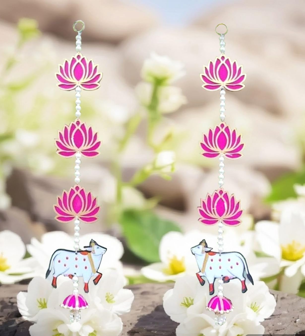 BENAVJI Presents Handmade MDF Wooden Lotus with Cow Door Toran Jhumka Style Hanging for Diwali Decoration Wall Hangings for Home Decor, Temple, Main Door Entrance 60 Cm Length Pack of 2 - Image 2 thumbnail