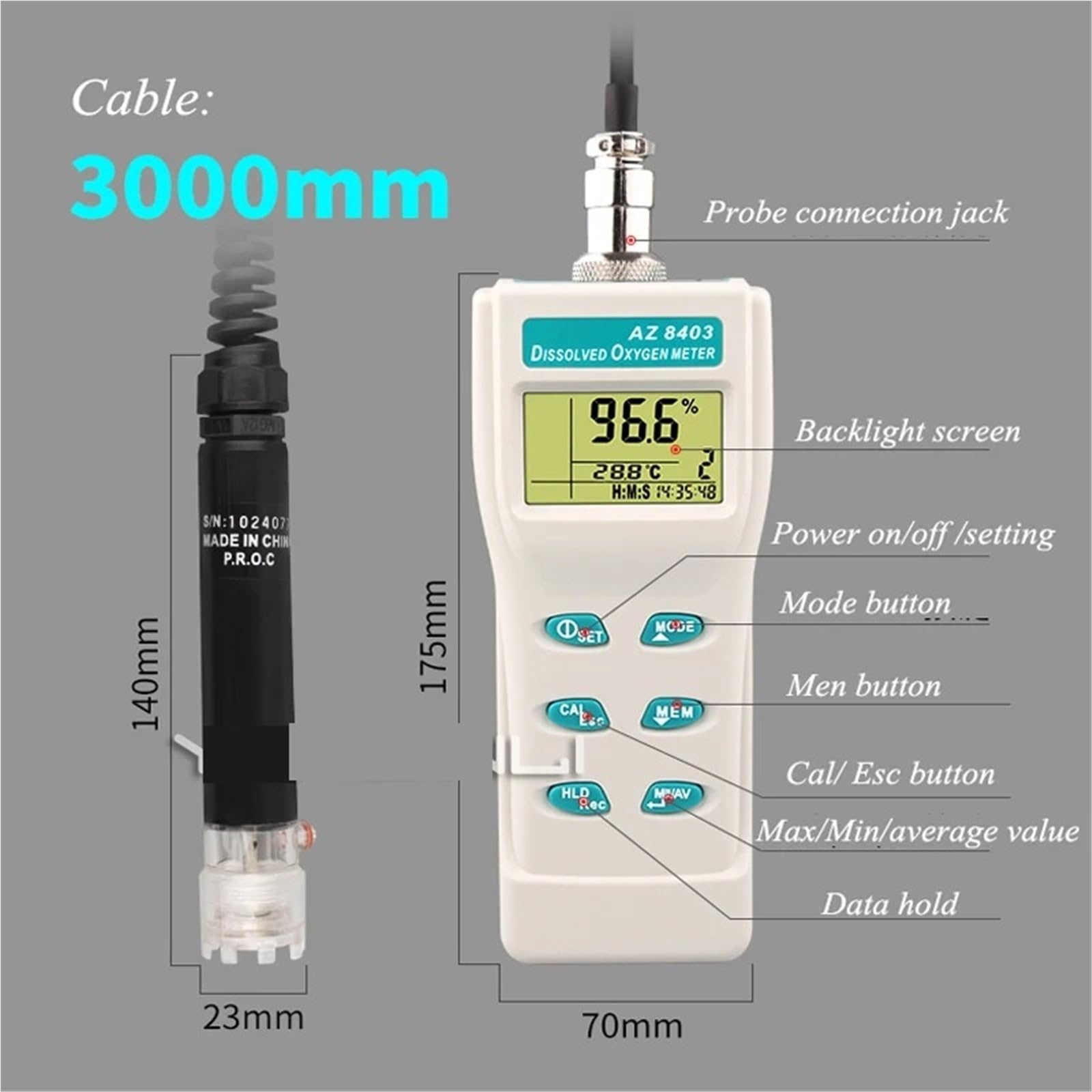Detector de oxígeno disuelto, medidor portátil for acuicultura, analizador probador calidad del agua AZ8403 Alto rendimiento