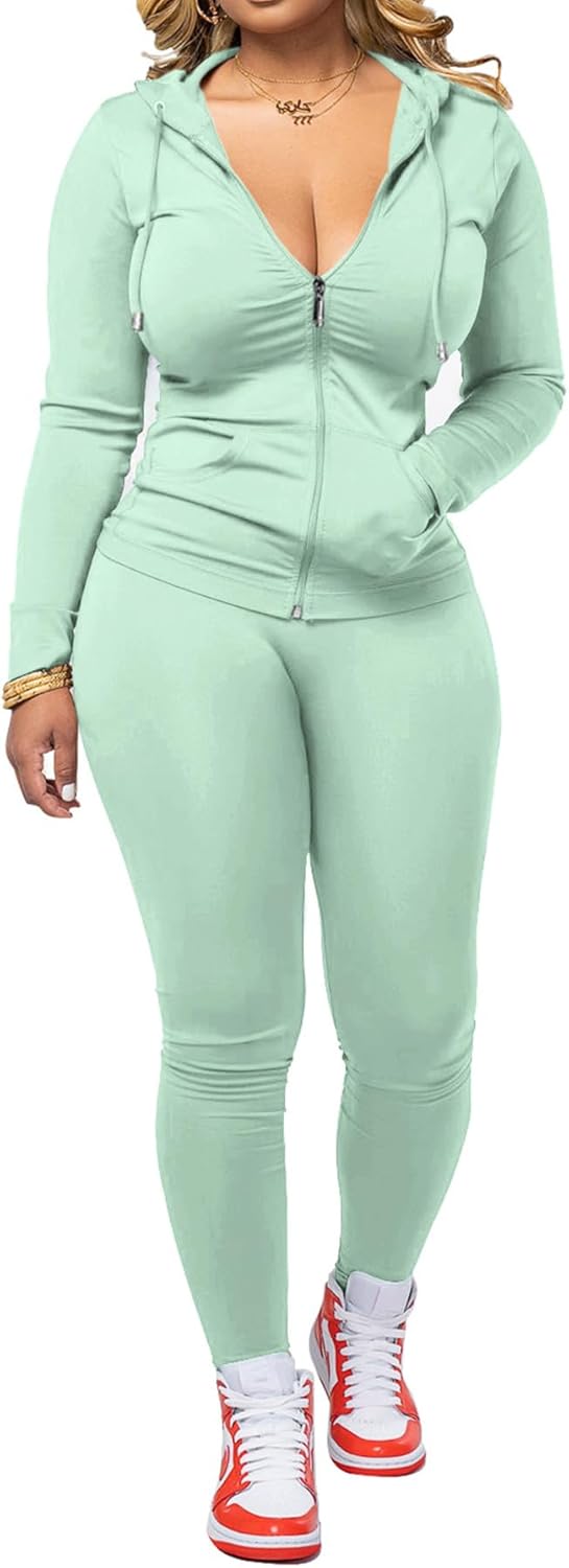 PINSV Women Two Piece Outfits Workout Sets Bodycon Tracksuit Long Sleeve Zip Up Hoodie Jacket Jogger Matching Sweat Pants Set