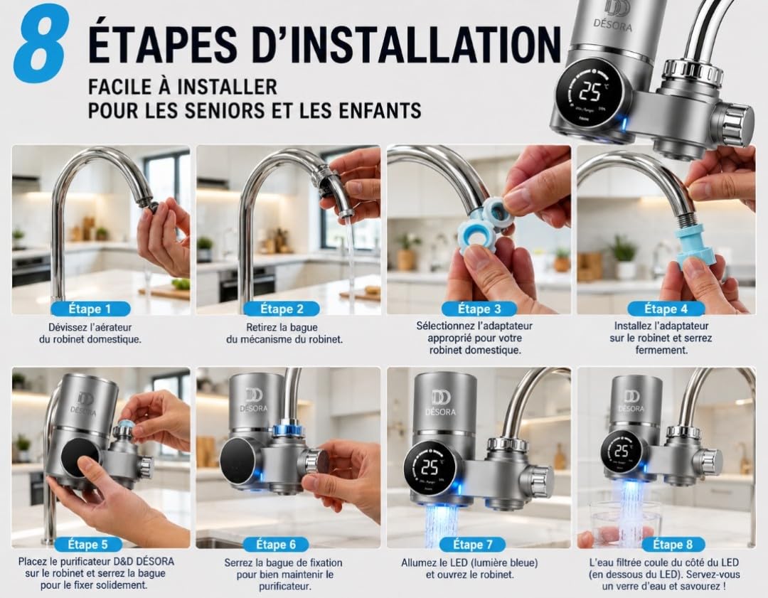 Purificateur d’Eau Robinet Écran LED – Filtre Ultrafiltration 8 Étapes, Turbine Hydroélectrique & ABS Alimentaire (Adaptateurs Universels Inclus)