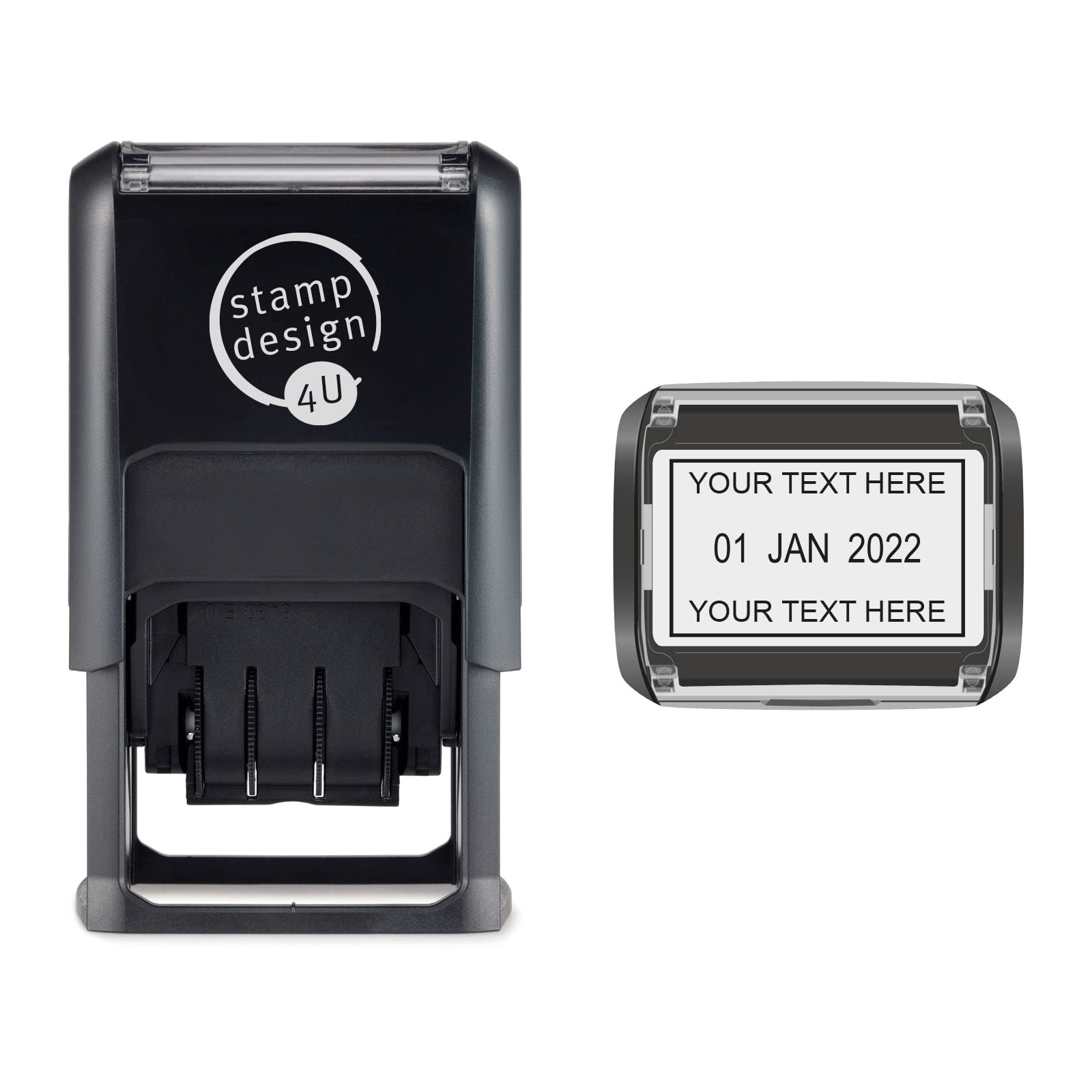 Stamp Design 4 U- Personalised Word and Date Stamp- Custom Lines of Text & Date- Self-Inking- Black Ink- 46 x 32mm