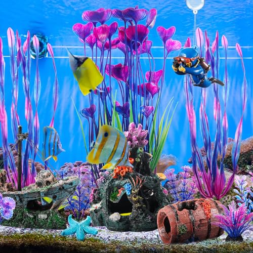 Image of Zeyune 15 Pcs Fish Tank Decorations Mountain Ornament Broken Barrel Sunken Ship Artificial Seaweed Water Plants Colorful Coral Reef for Fish Bowl Aquarium Decor(Purple)