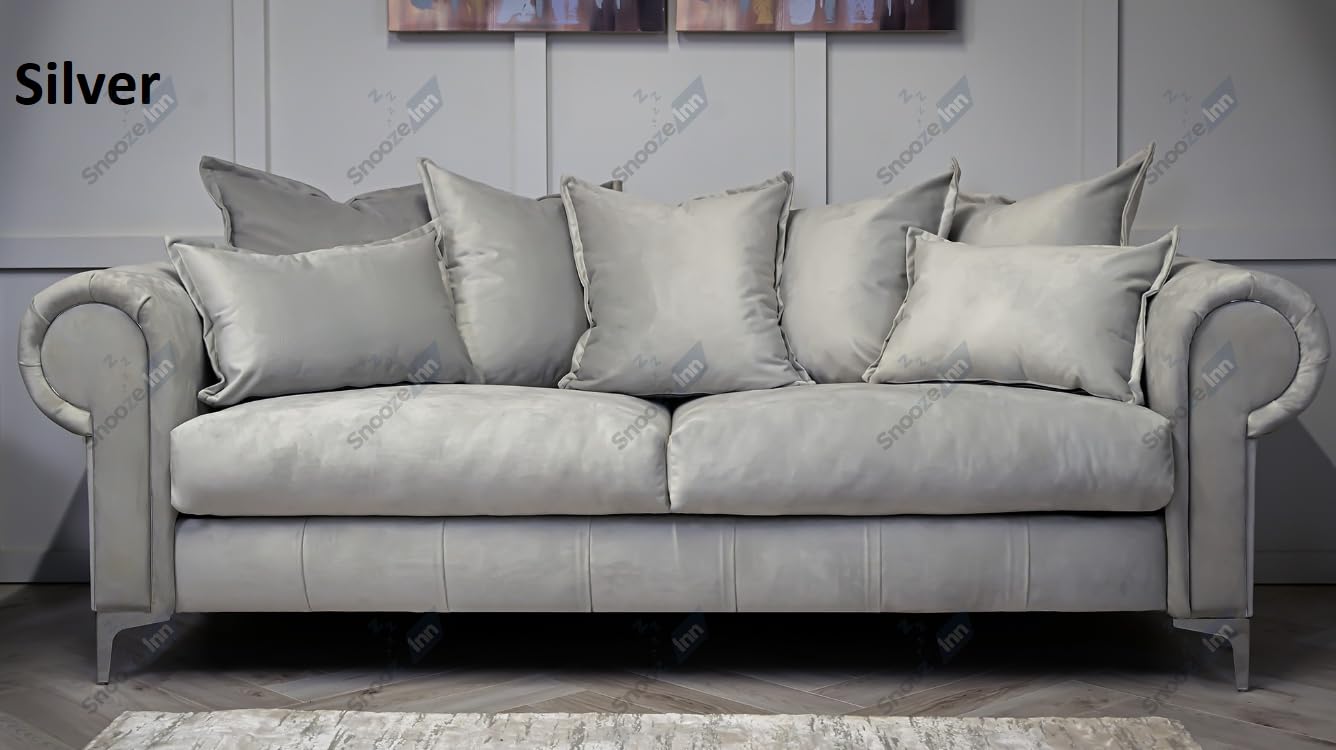 SNOOZE Inn Velvet Imperial Scatter Back 3 and 2 Seater Sofa Sets, Sofas For Living Room, Upholstered Plush Fabric 3 Seater Velvet Sofas (Silver, 2 x Additional Small Scatter Cushions (15"x15"))