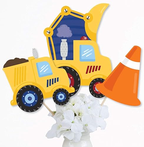 Miniatura 2 de Big Dot of Happiness Juego de 15 palos de centro de mesa de camión de construcción para baby shower, fiesta de cumpleaños