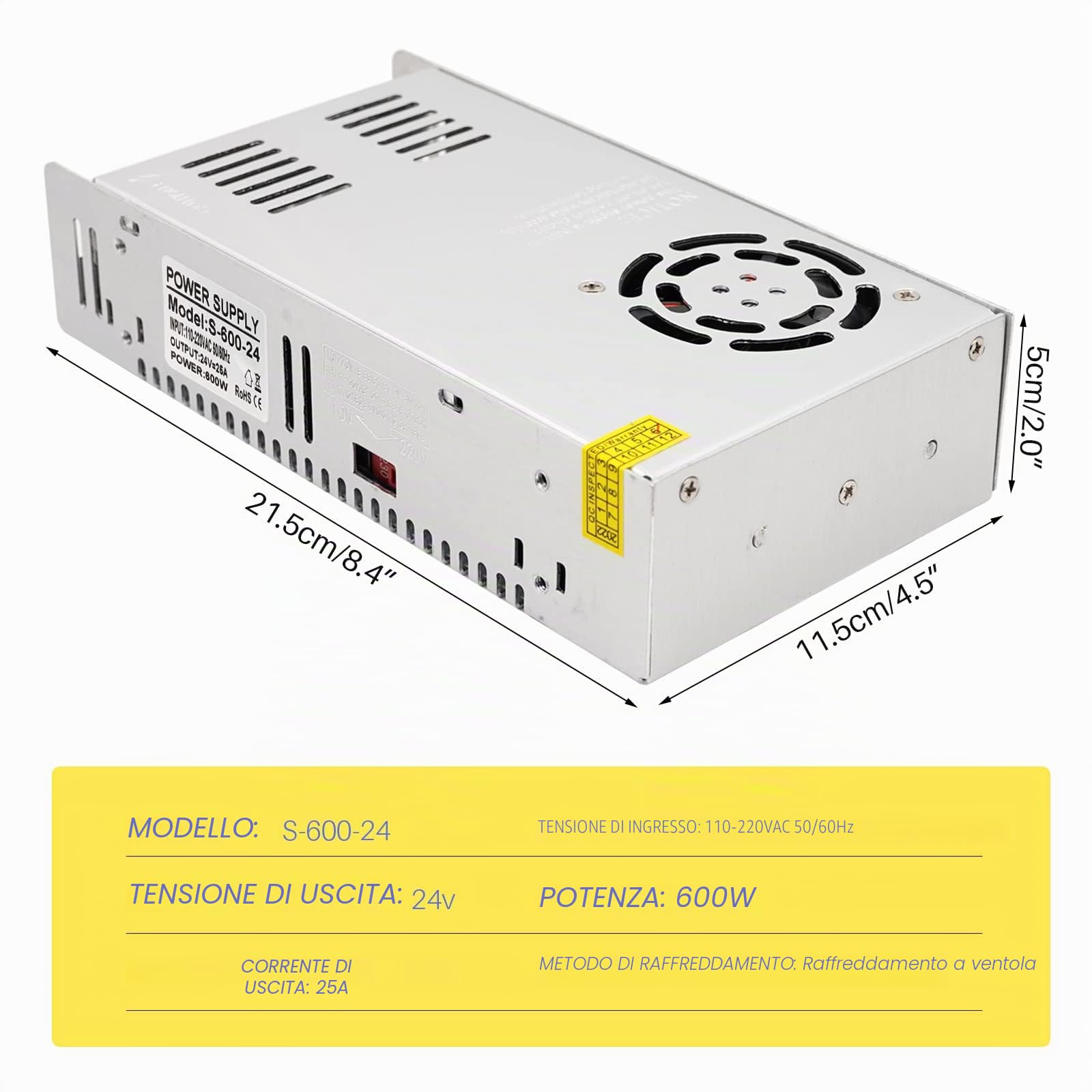 24 V 25 A 600 W Alimentatore a commutazione universale regolabile da AC a DC - Driver LED, trasformatore per monitoraggio, convertitore, adattatore per radio e computer