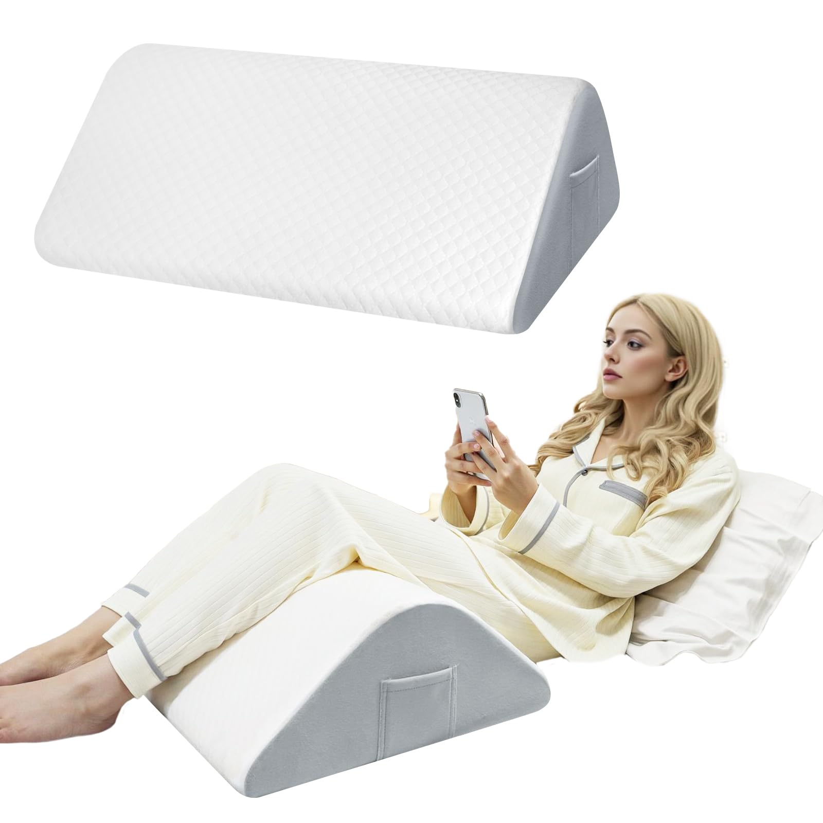 Memory Foam Knee Pillow, Quilted White Cover with Gray Base, Orthopedic Support