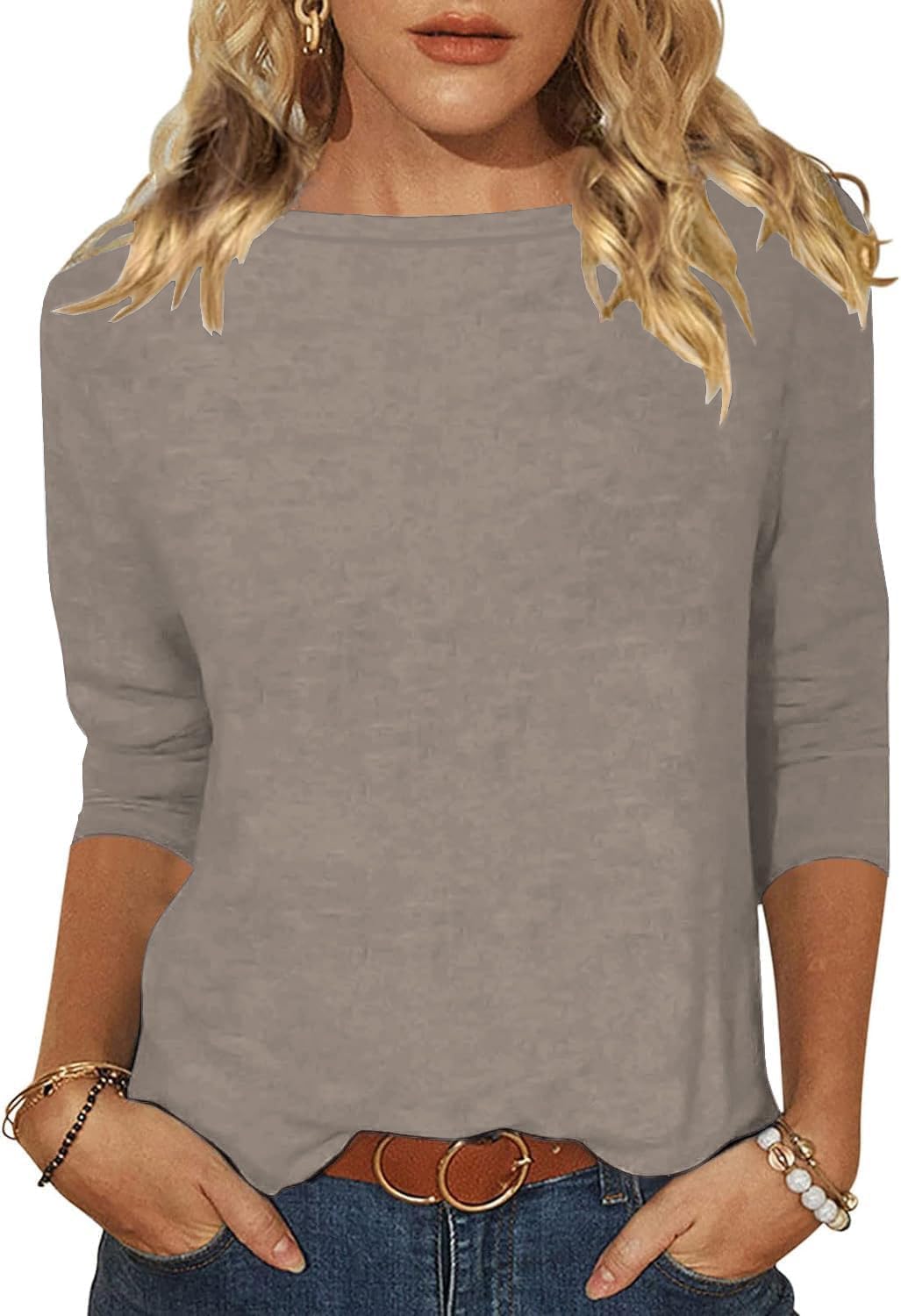 Minetom Tshirt Damen 3/4 Arm Shirt U-Boot Ausschnitt Leichte Pullover Tops Basic Oberteil Sommer Herbst
