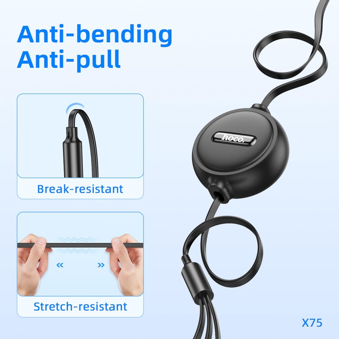 HOCO X75 cable showing anti-bending and anti-pull features