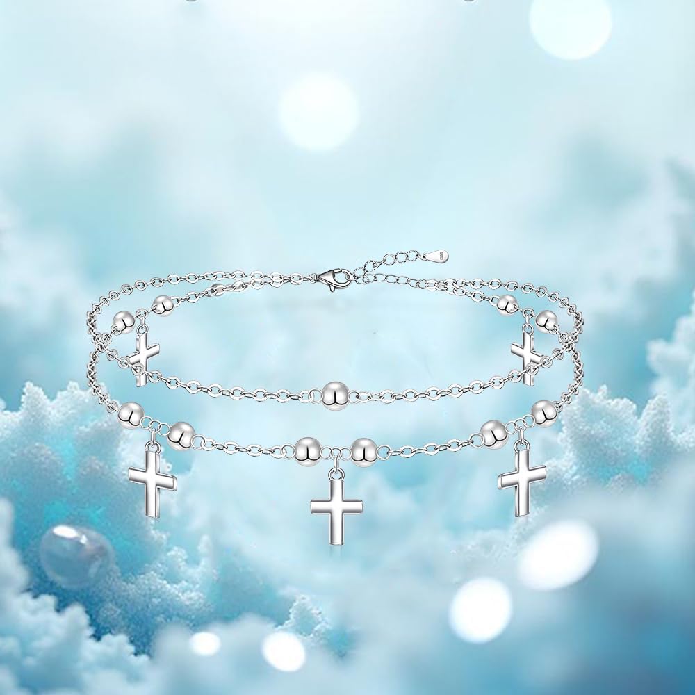 Cross Anklets for Women Cross Anklet Sterling Silver Beaded Multilayer Ankle Bracelets Dainty Layering Adjustable Chain Charm Jewelry Mothers Day Gifts - Image 4