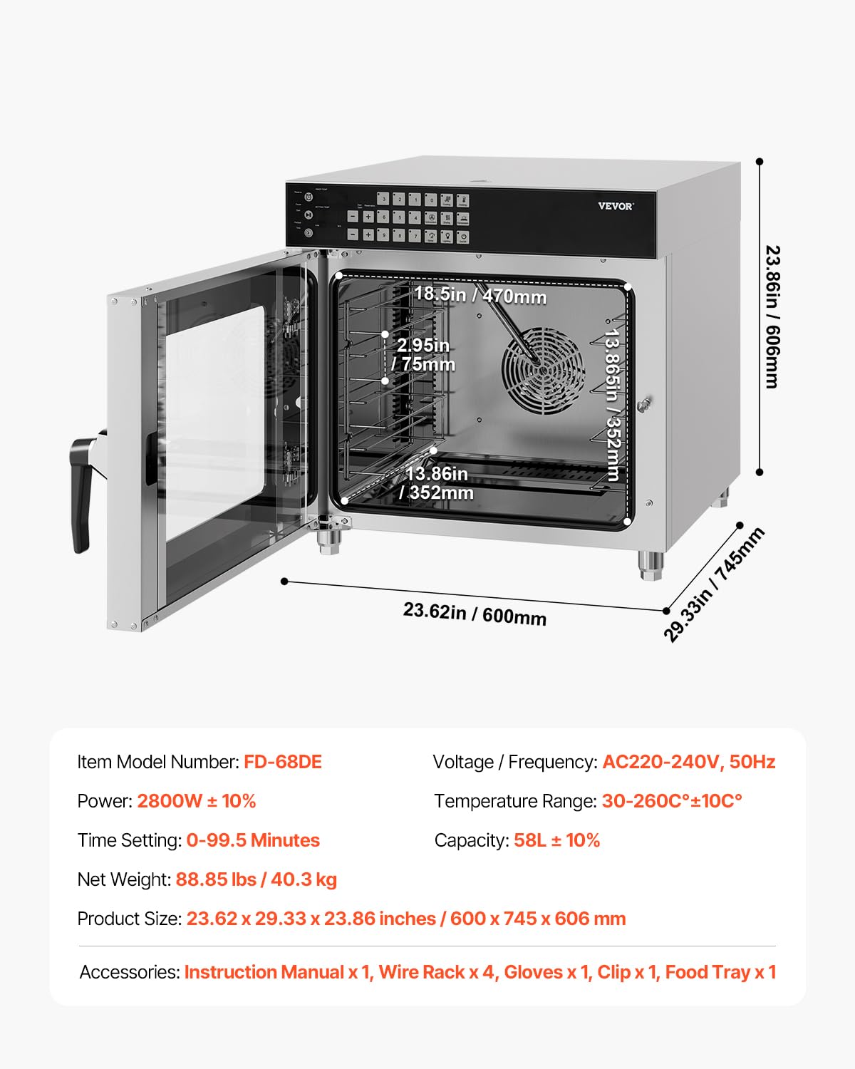 VEVOR Forno a Convezione Commerciale 58 L, Forno Tostapane a 4 Ripiani 2800 W con Porta in Vetro Temperato, Griglie Metalliche Vassoio per Clip Guanti Forno Elettrico in Acciaio Inox per Ristorante