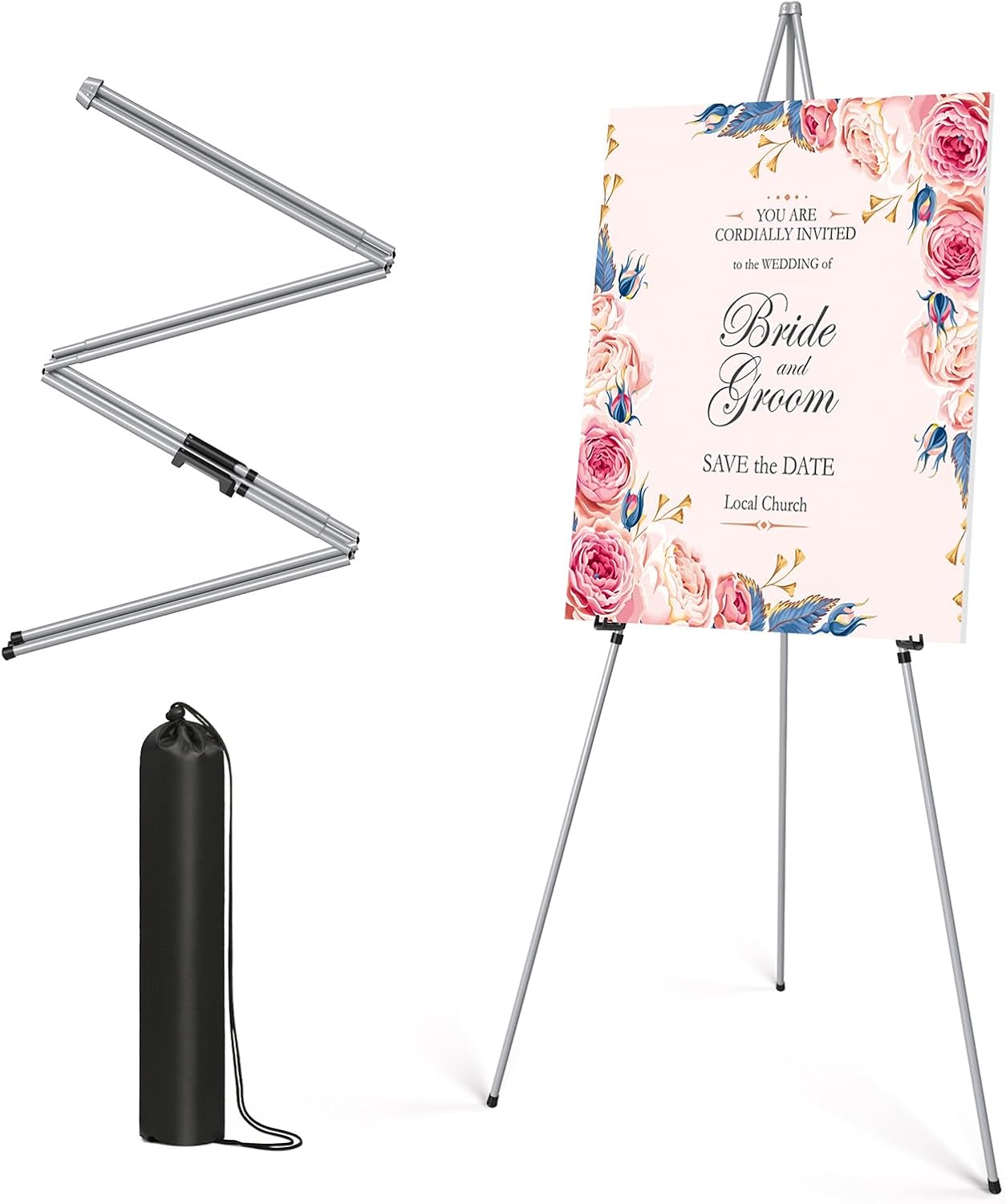 Display Artist Easel Stand - 63" Instant Tripod Collapsible Portable Floor Easel - Easy Folding Adjustable Art Poster Metal Stand for Display Show, Wedding, Painting - Silver