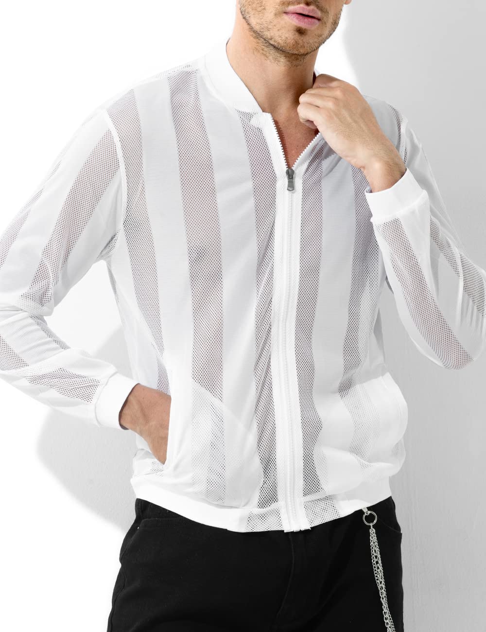 Casey Kevin Haut Sexy Homme - Tee Shirt Manche Longue Transparente - T-Shirt Resille - Fishnet Vetement