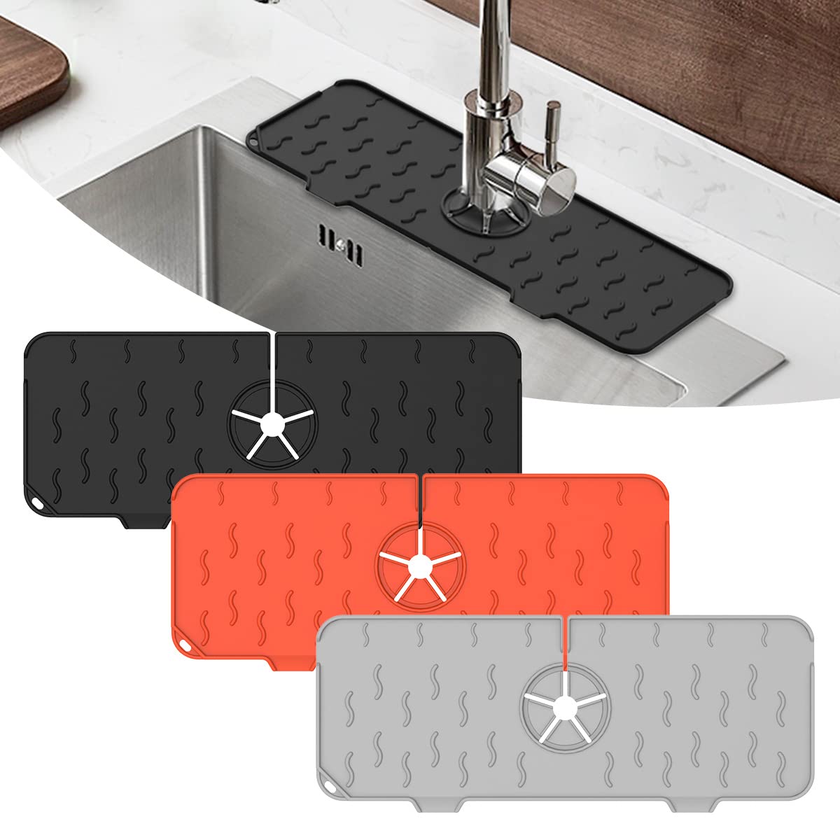 Photo 1 of 3 Pcs Silicone Faucet Mat SUIHUOJI Handle Drip Catcher Tray for Sink Splash Guard, Drain Pads to Kitchen Bathroom Countertop Protection, Drip Protector Rubber Drying Dish Mat Accessories for Washroom