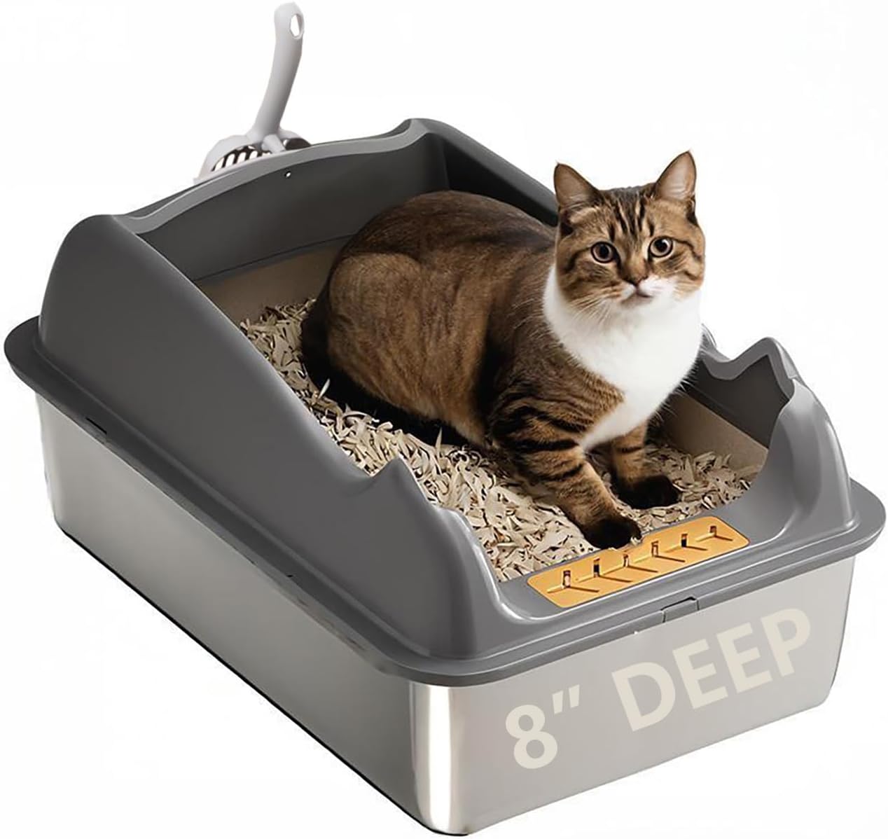 8" Deep Stainless Steel Litter Box with Lid, XL Litter Boxes for Big Cats, Metal High Sided Litter Box, Anti-Stick and Anti-Leak, Easy to Clean, Dark Gray