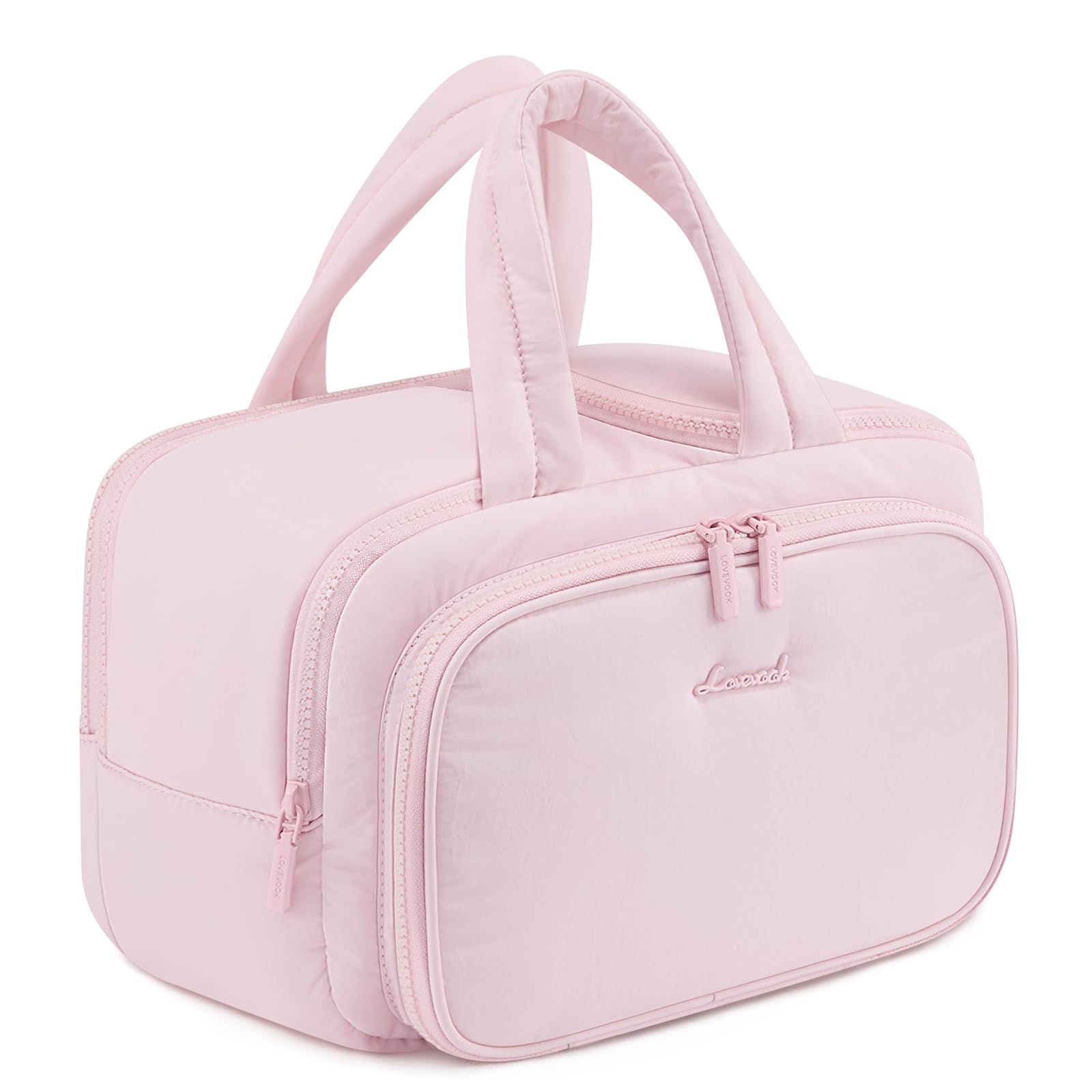 LOVEVOOK Kulturtasche Damen Gross, Leichte Reise Kosmetiktasche Weit Offene Kulturbeutel mit Nassfach, wasserdichte Waschtasche Make up Tasche Schminktasch mit Griff für Reisen Urlaub, Rosa