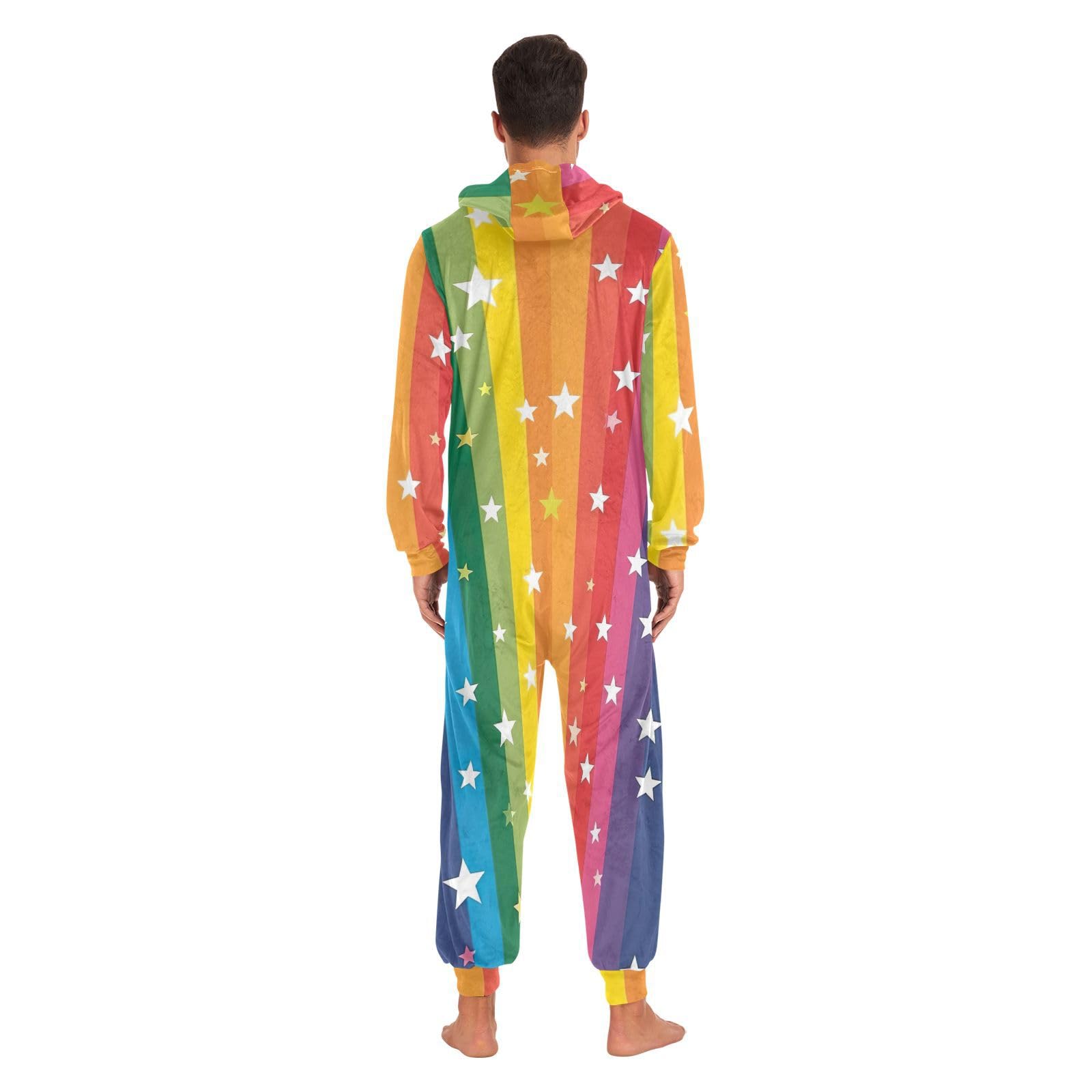 GAIREG Pigiama intero con cappuccio unisex per adulti a righe arcobaleno e stelle, pigiama natalizio per adulti con cappuccio