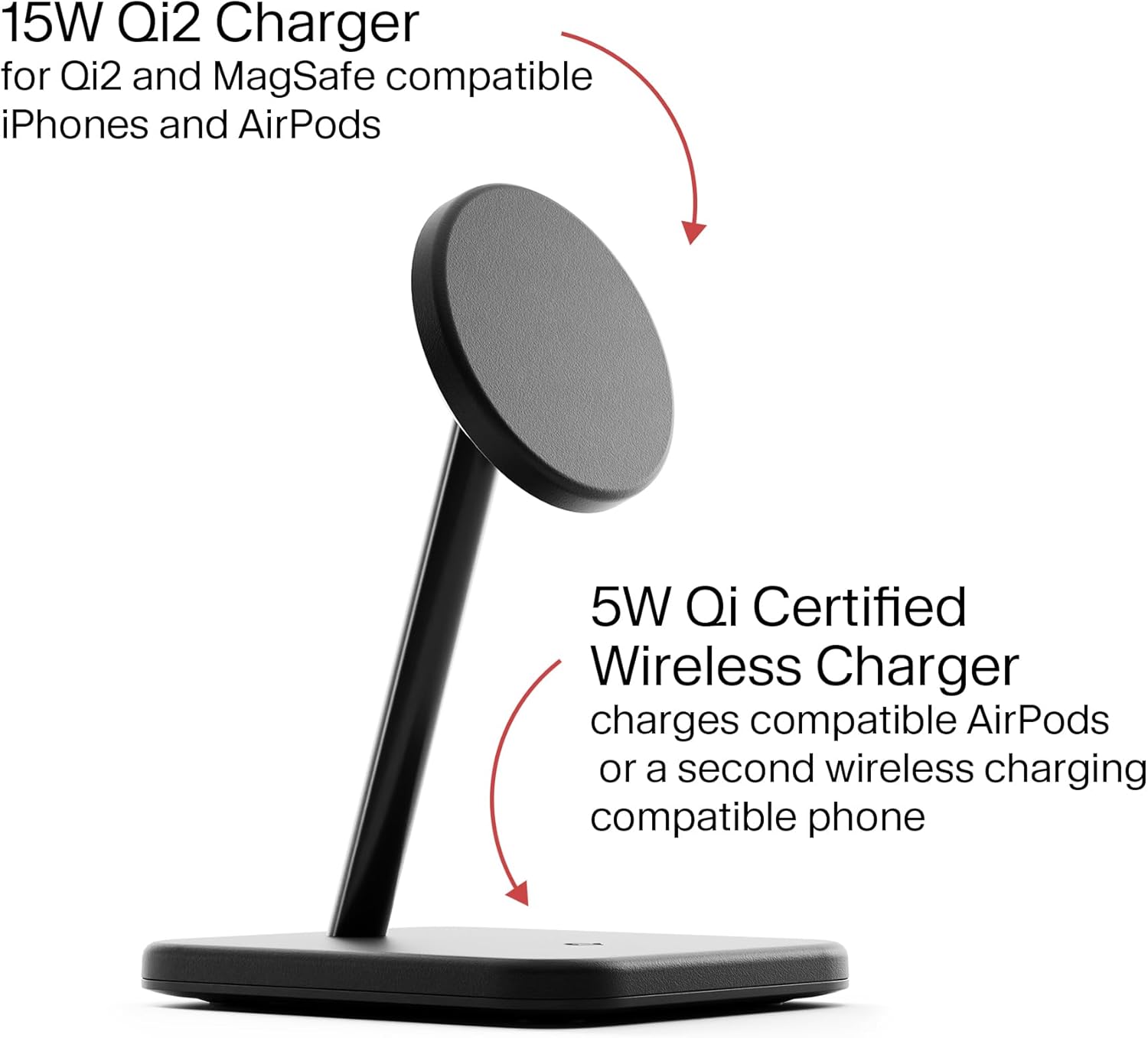 Twelve South HiRise 2 Deluxe 2-in-1 Wireless Charging Station for Apple Devices - Qi2 MagSafe Charger, Fast Wireless Charger Stand for iPhone 15 14 13 12 Pro & Max Series, AirPods Pro/3/2, Black
