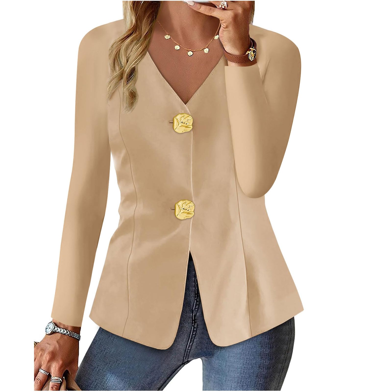 HGps8w Elegant V Neck Blazer for Womens Slim Fitted Long Sleeve Trendy Formal Business Office Suit Jackets Coat