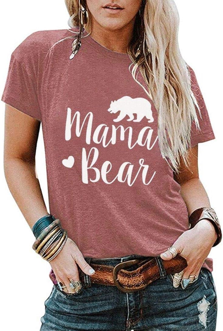 Women Mama Bear Graphic T-Shirt Crew Neck Loose Fit Summer Tops Mom Letter Print Tshirt
