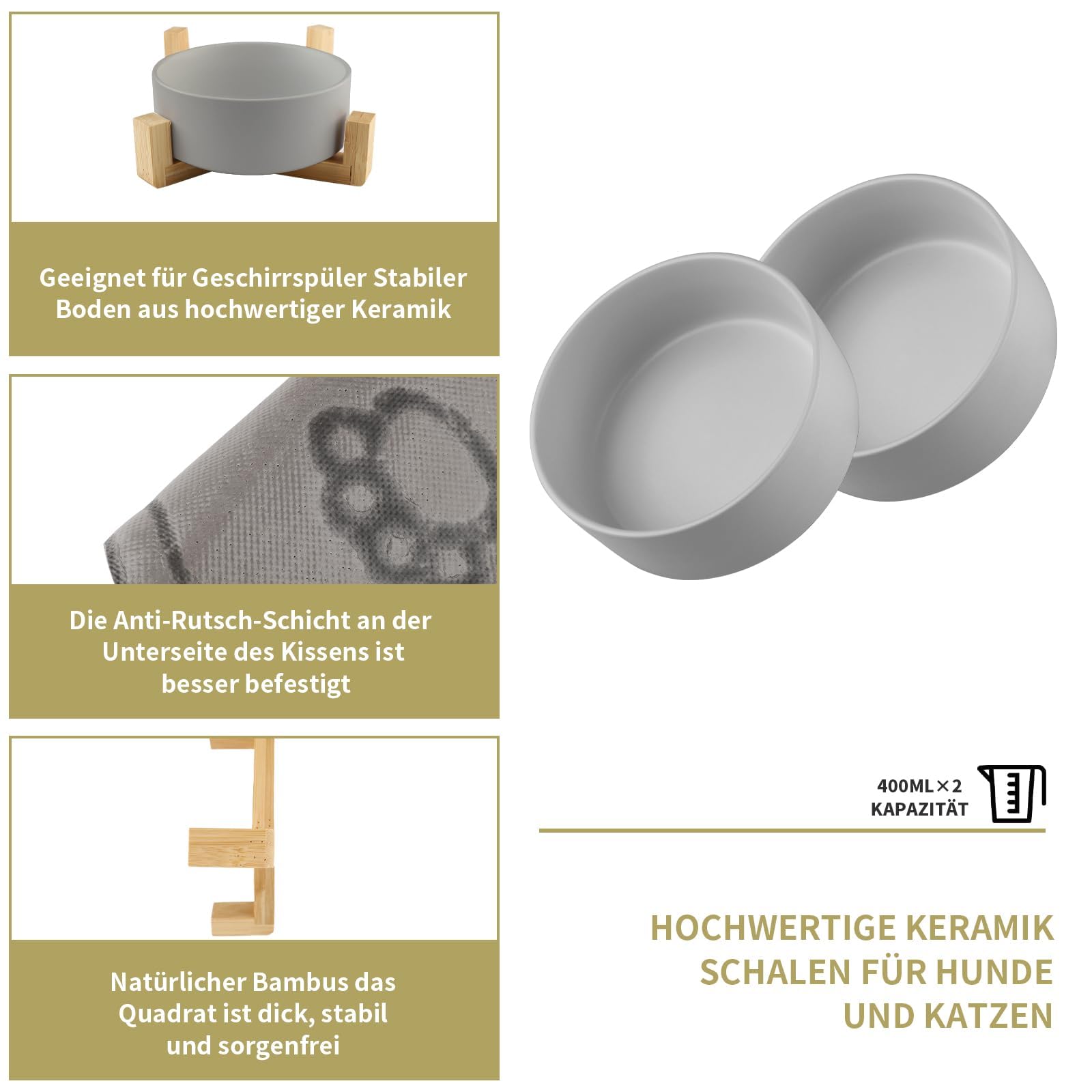 Ceramiczna miska dla psa, 400 ml, podwójna miska na karmę dla psa, podwyższona ze stojakiem bambusowym i matą antypoślizgową dla małych i średnich psów, biała