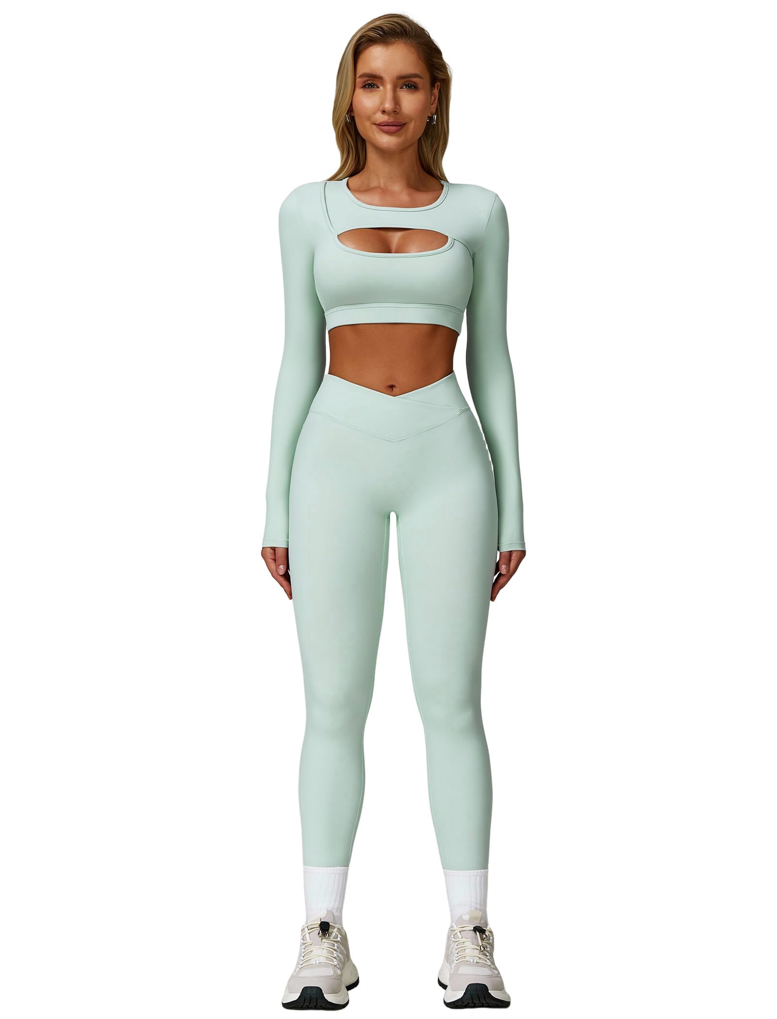 Workout Sets for Women 2 Piece Long Sleeve Cutout Crop Top and High Waisted Leggings Gym Athletic Jogger Sets: Green Small