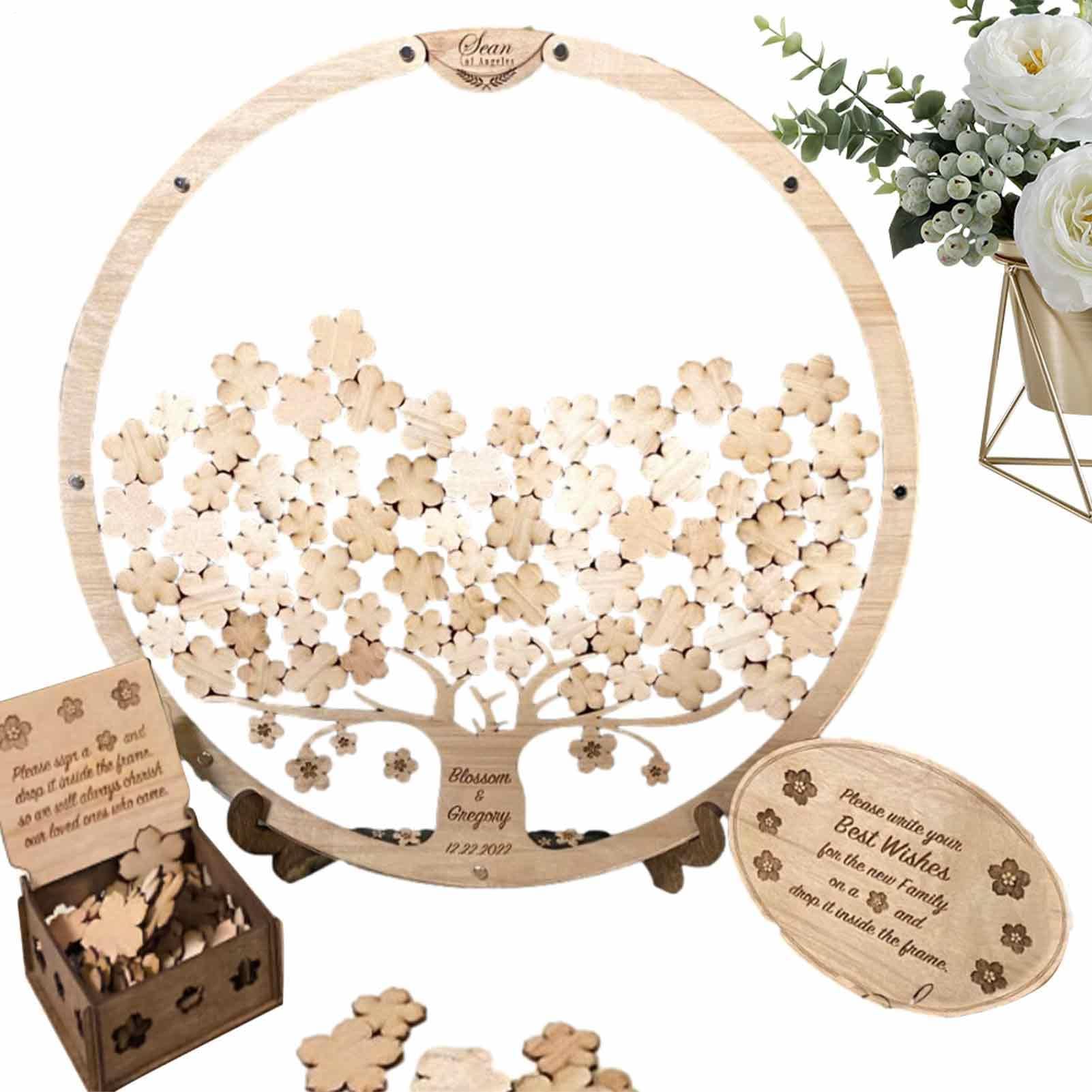 Alternative zum Gästebuch für Hochzeit - 1 Set Boxen | Holzanhänger mit rundem Rahmen und Blumen | Gästebuch, personalisierte Erinnerung,