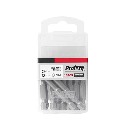 Protorq 15 pieces 2 inch Assorted screwdriver bits, Phillips 2,Square 2, T25 Torx, with Storage case