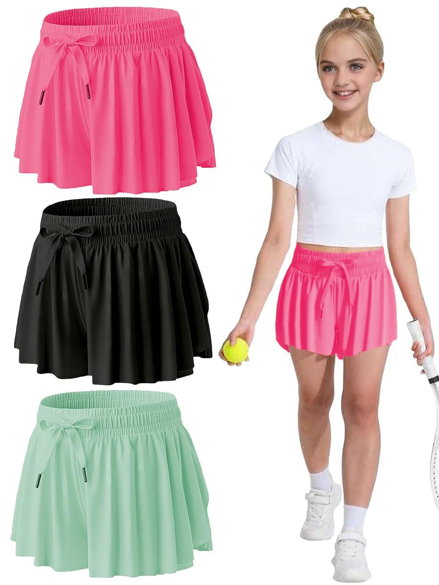 MODERN ASIR 3 Pack Girls Flowy Shorts with Spandex Liner 2-in-1 Youth Butterfly Skirts for Fitness, Running, Sports(Green 5-6years)