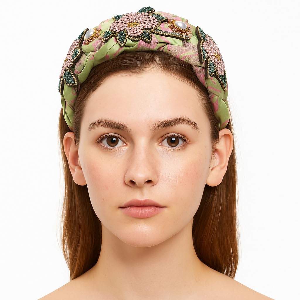 Knotted Crystal Flower Headband for Women Embroidered Rhinestone Floral Luxury Pearl Bead Wide Vintage Hairband Hair Accessories (H1110-green)