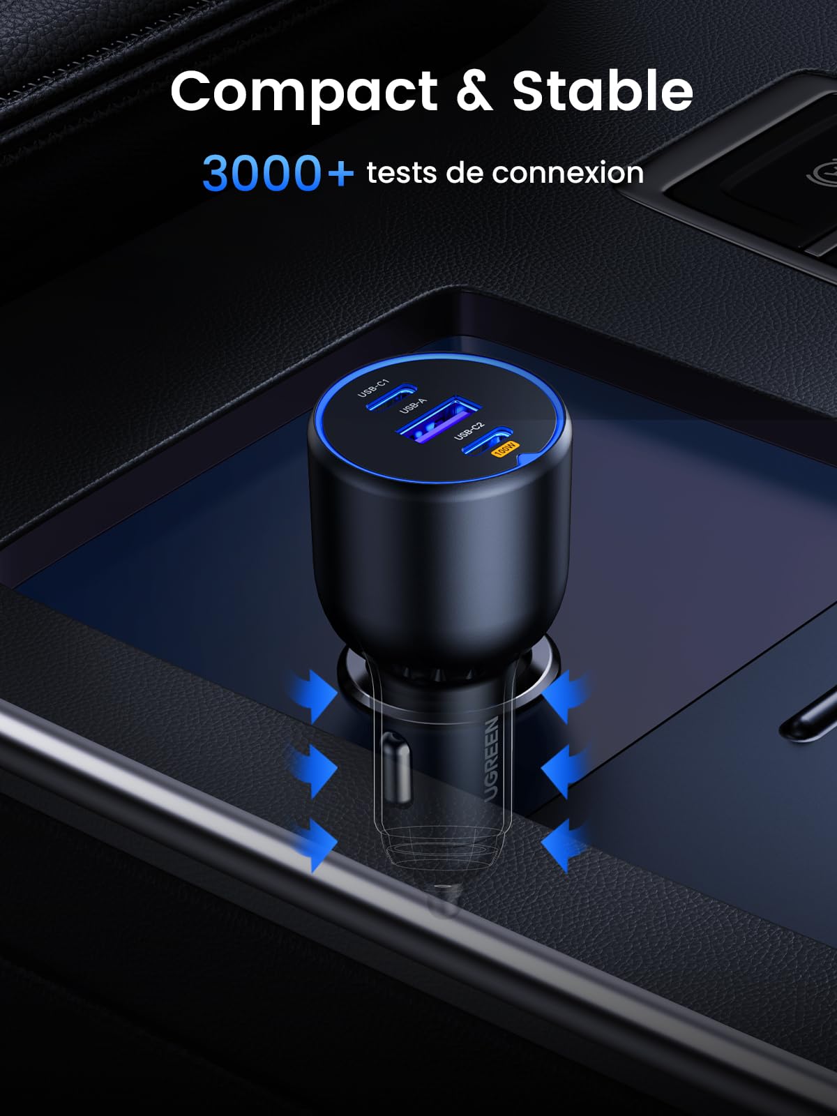 UGREEN 130W Chargeur Allume Cigare USB C 3 Ports 45W PPS PD QC 3.0 Chargeur Voiture Charge Rapide AFC Compatible avec iPhone 17 Pro Max Air 16 15 MacBook Pro Air iPad Galaxy S25 Ultra S24 Steam Deck