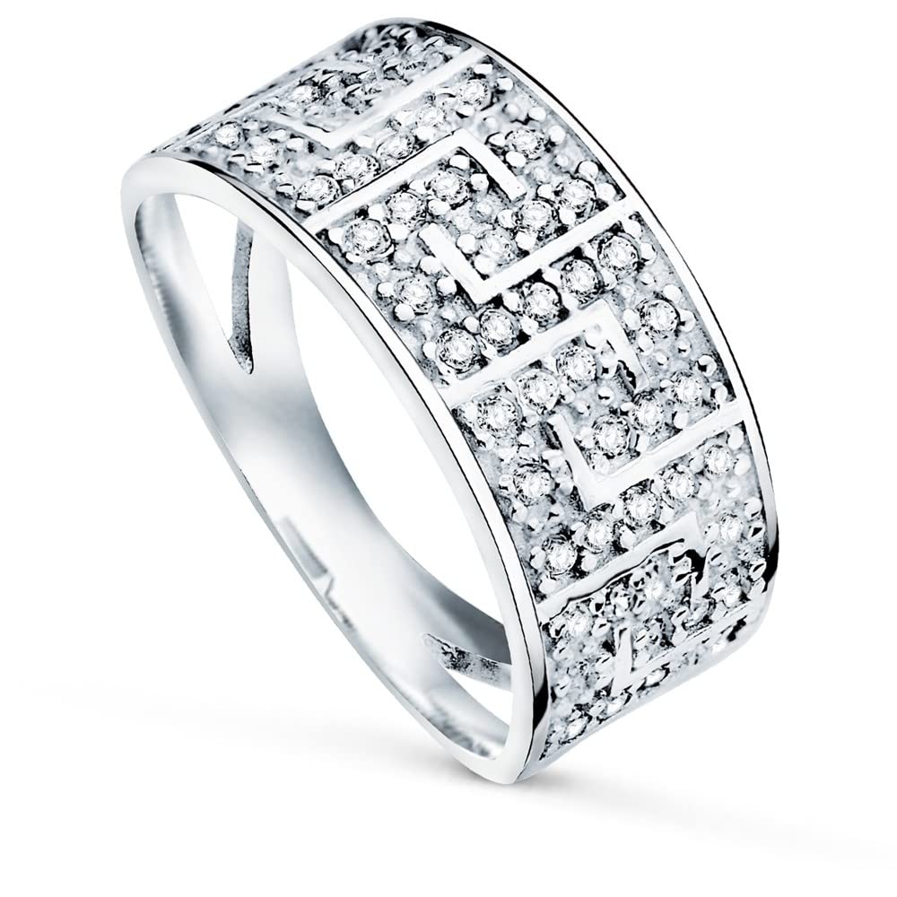 Anello da donna in oro bianco 9k con zirconi a forma di disegno greco