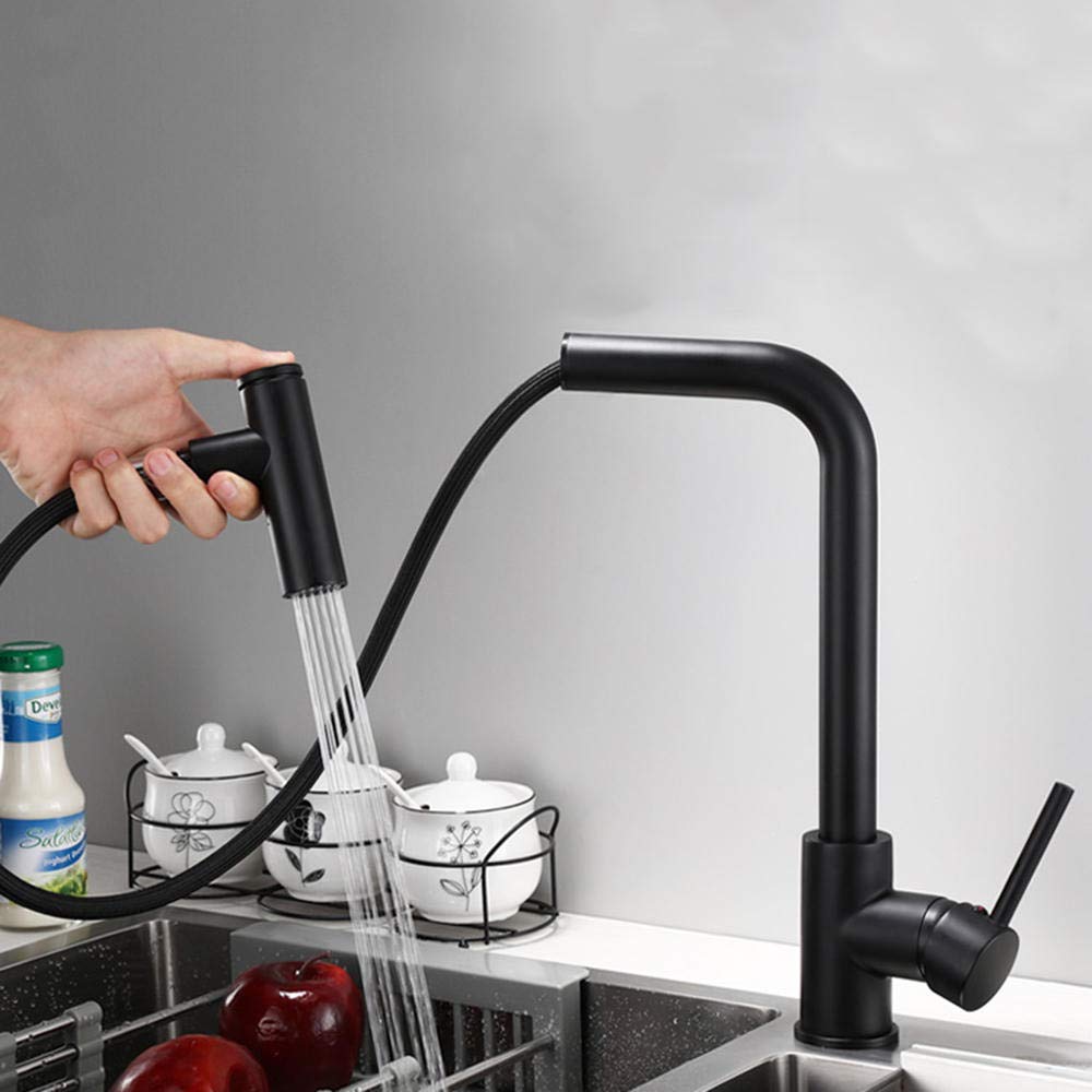 grifo cocina extraible negro con ducha, 2 Modos, Mezclador cocina para fregadero 360°Giratorio Monomando 304acero inoxidable fria y caliente, Grifería-negroA