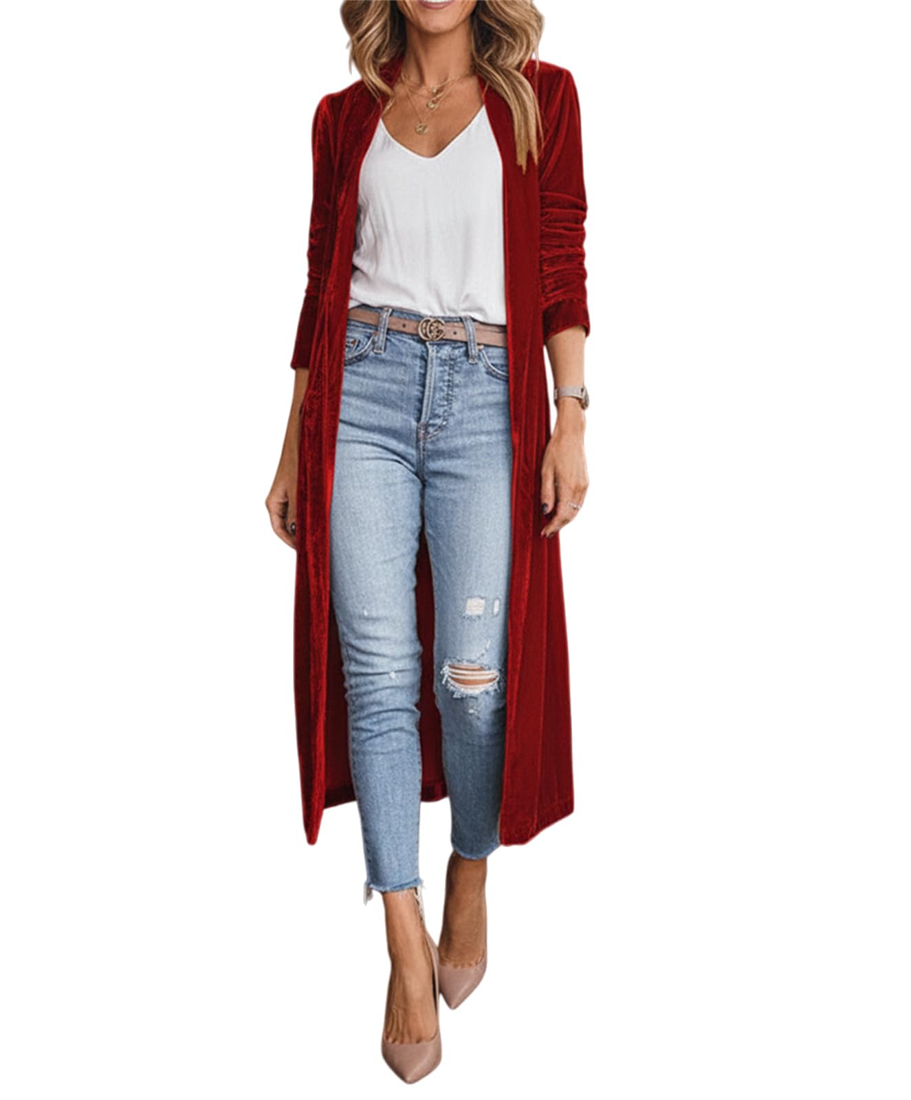 Womens Velvet Long Cardigan Jacket Vintage Open Front Velour Lapel Neck Casual Maxi Duster Coat Fall Winter Outwear
