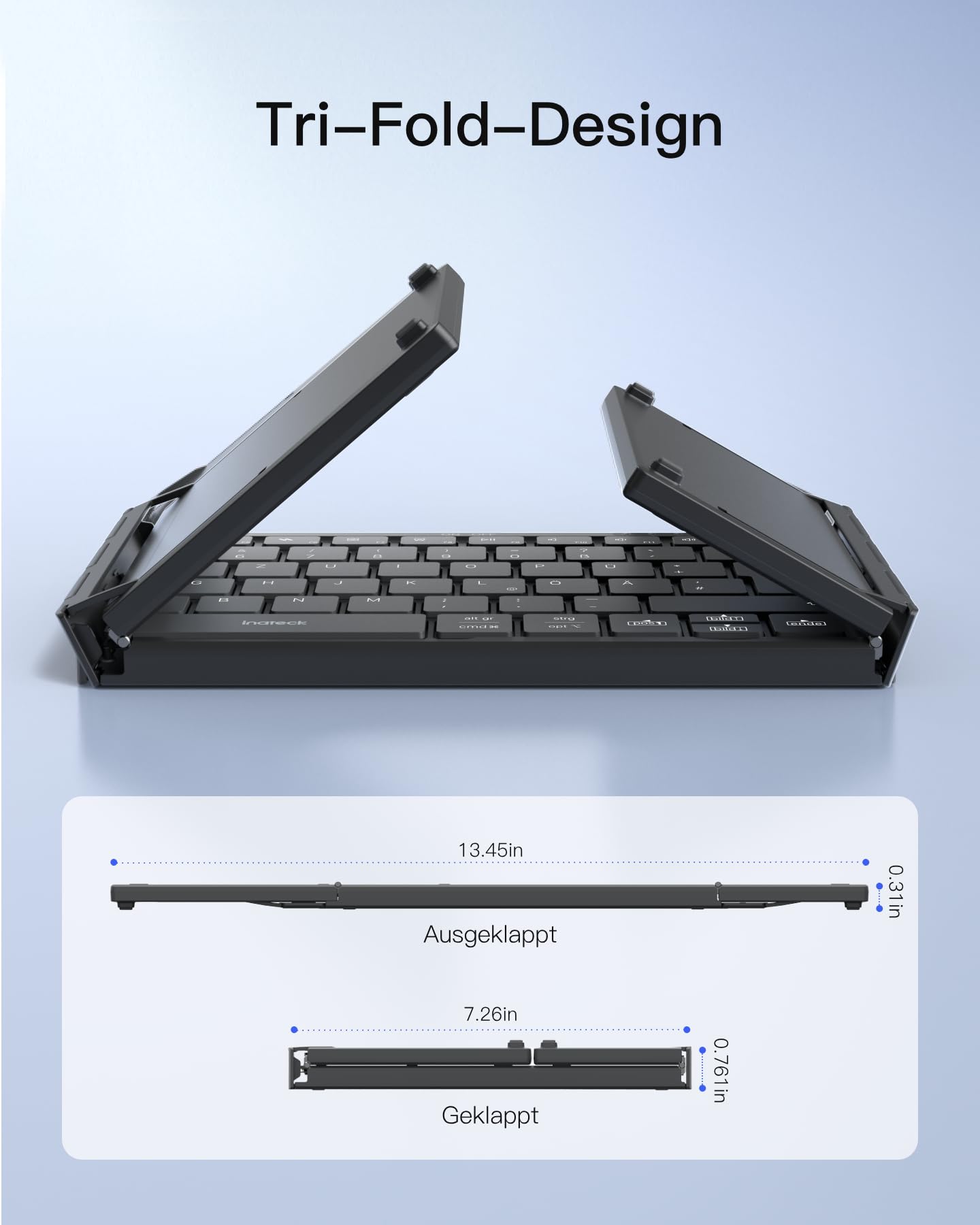Inateck Faltbare Mini Tastatur, KI-Funktion mit Touchpad,3 Bluetooth-Kanälen, kompatibel mit iPadOS Android, Windows, QWERTZ, KB604