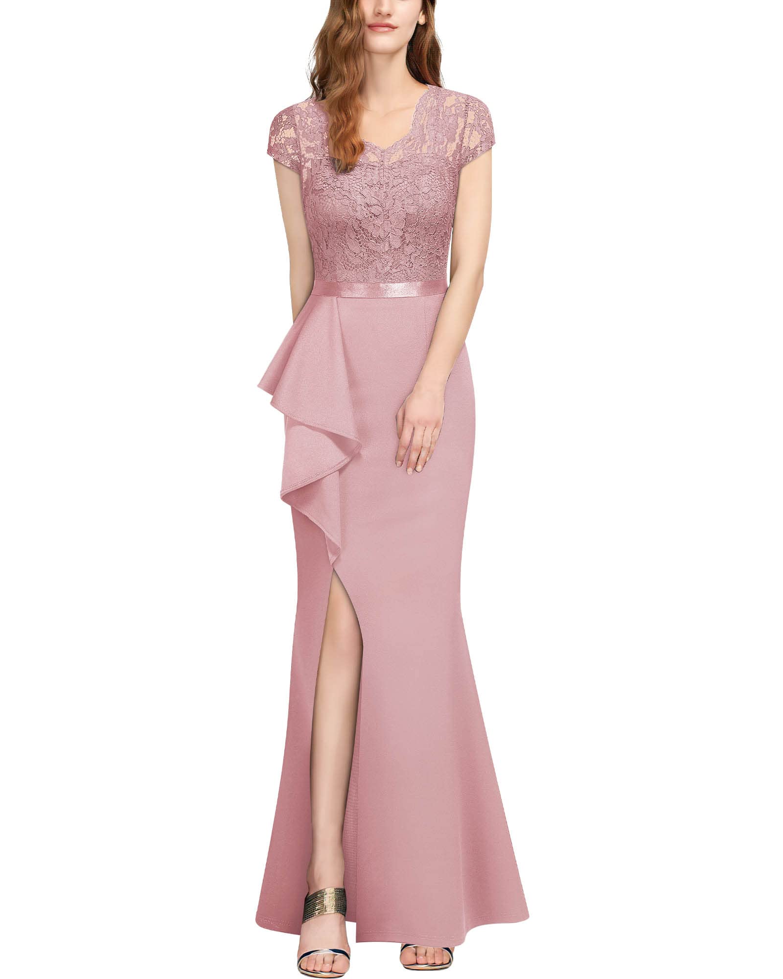 MISSMAYWomen's Retro V-Neck Lace Split Style Evening Formal Long Dress