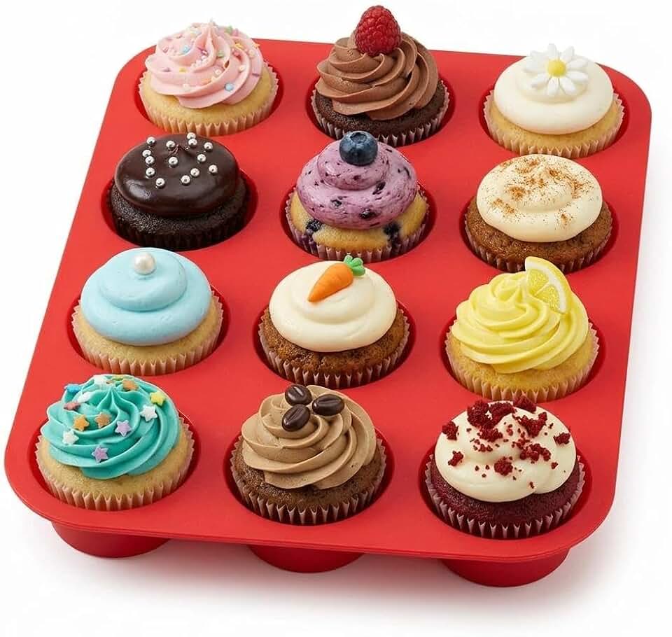 Forma Cupcake Silicone 12 Cavidades Antiaderente – Forma Muffin Silicone para Forno (vermelho)