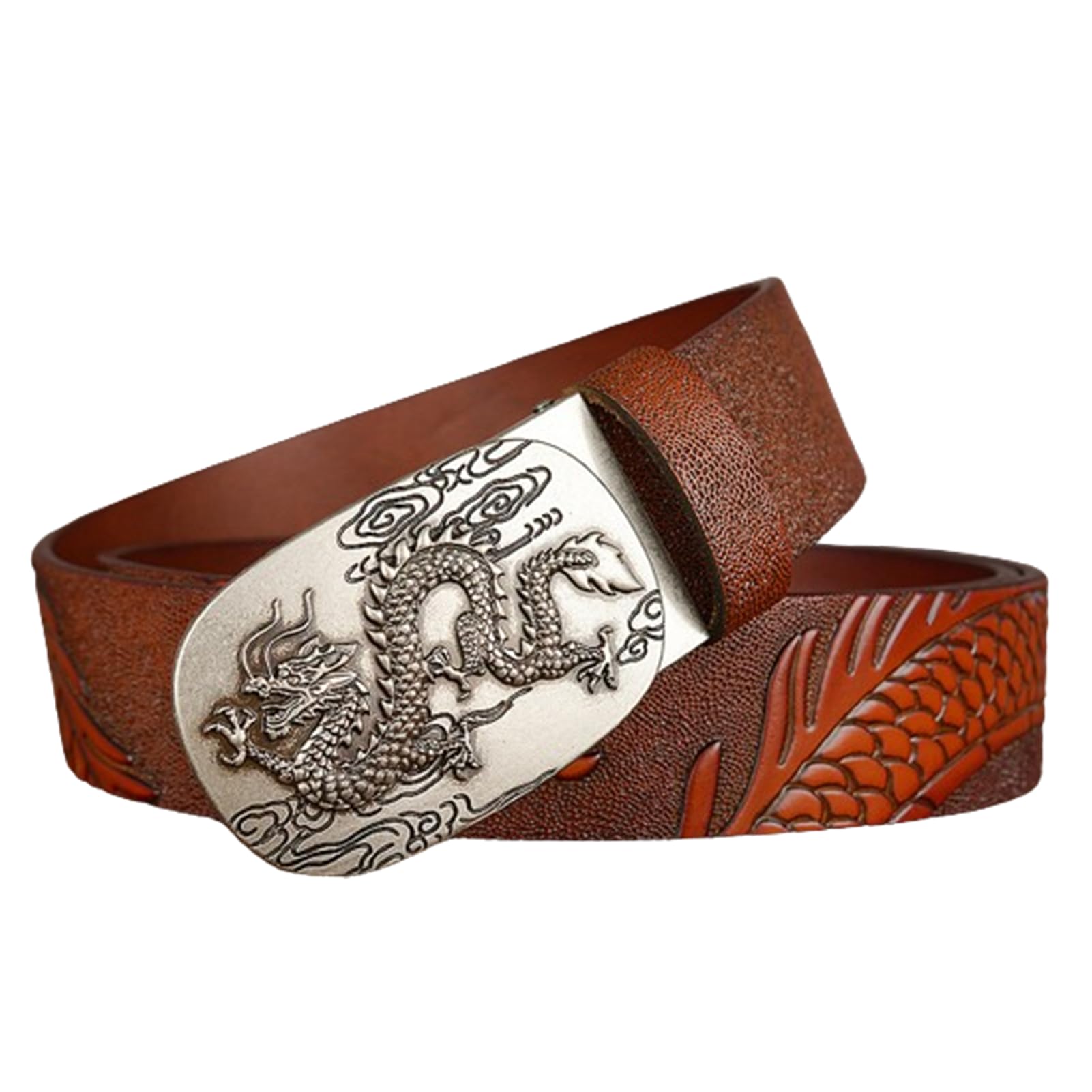 Cinturón De Trinquete para Hombre Longitud Ajustable Full Grain Suave Cinturones De Cuero De Vaca Genuino con Hebilla Automática Filigrana Dragón Tallado(120cm/47, Brown)