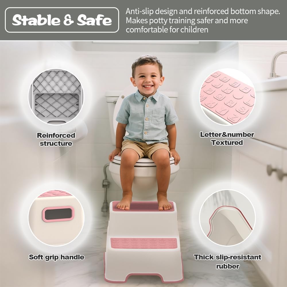 Toddler Step Stool for Bathroom Sink, 2 Pack Step Stool for Kids, Plastic Potty Training Toilet Stepping Stools, Child and Baby Lightweight&No-Slip Two Step Stools for Kitchen - Pink