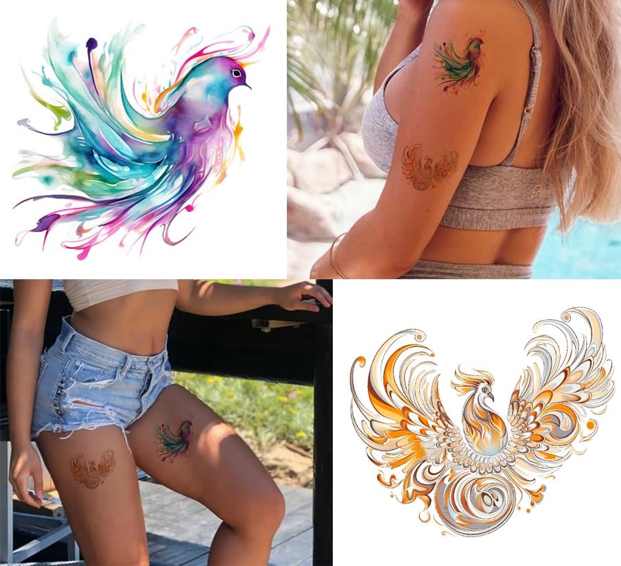 Miniatura 4 de Tattoonova 18 hojas de tatuajes temporales para mujer, pájaros, fiesta, favores de fiesta de fénixes, manga corporal, cara, loto, tatuajes falsos