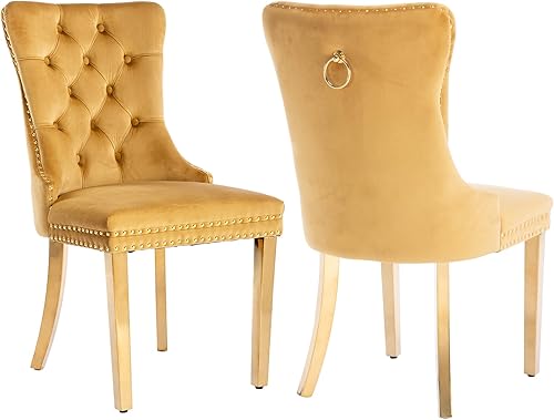 Miniatura 41 de Juego de 4 sillas de comedor de terciopelo beige, sillas tapizadas modernas para comedor con respaldo capitoné y acentos de madera, patas curvas de
