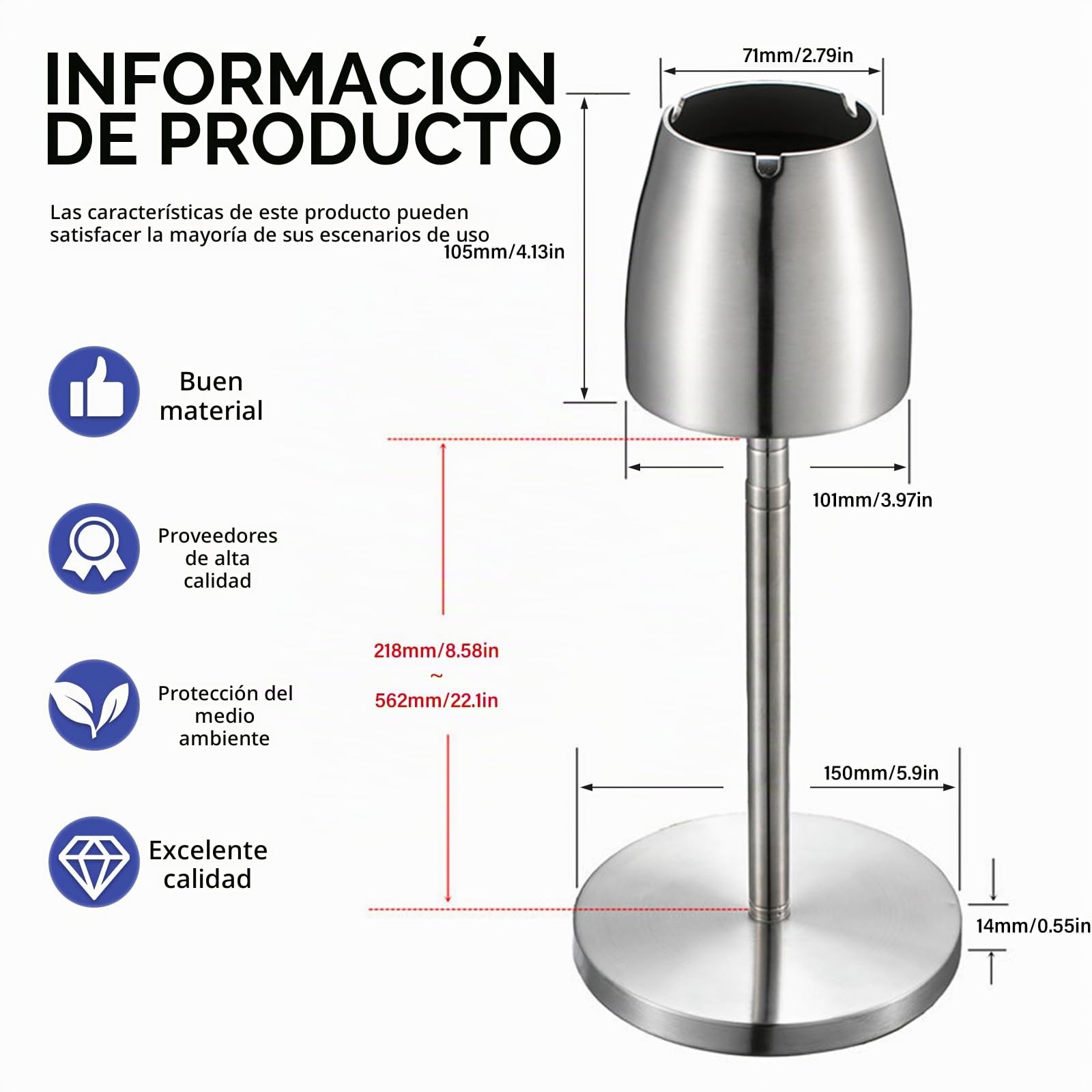 Cendrier de sol ajustable de acero inoxidable: WIYETY Cendrier de sol para exterior, altura extensible de 34 a 68 cm, cenicero de suelo ajustable con tapa y base antideslizante, plateado