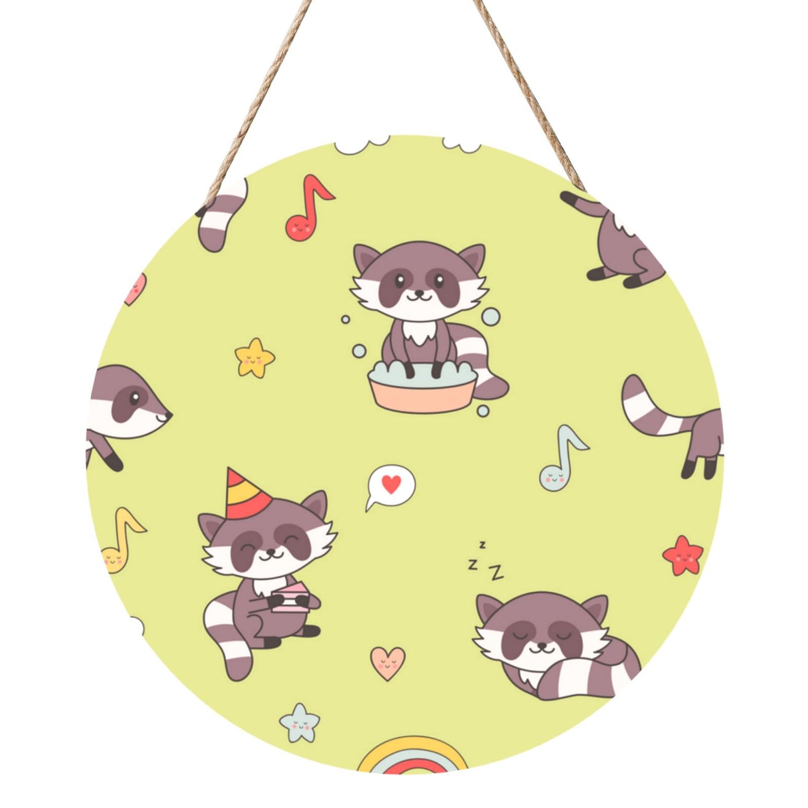 InOmak Kawaii Raccoon Cute, Round Wood Panel Painting 12 in, Wall Hanging Painting For Home