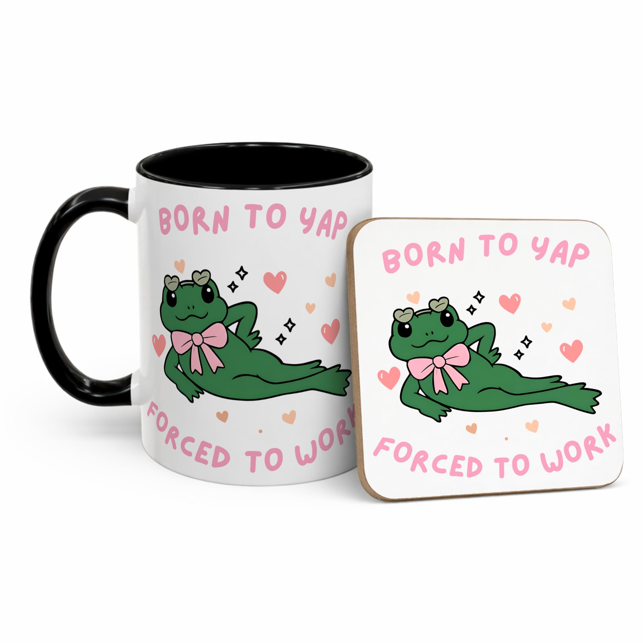 Funny Born to Yap Forced to Work Mug, Frog Meme Coffee Cup, TikTok Viral Mug, Cute Pink Just A Girl Gift, Humour Work Mug for Women, Coworker Office Gift (11oz Black, Mug & Coaster Set)